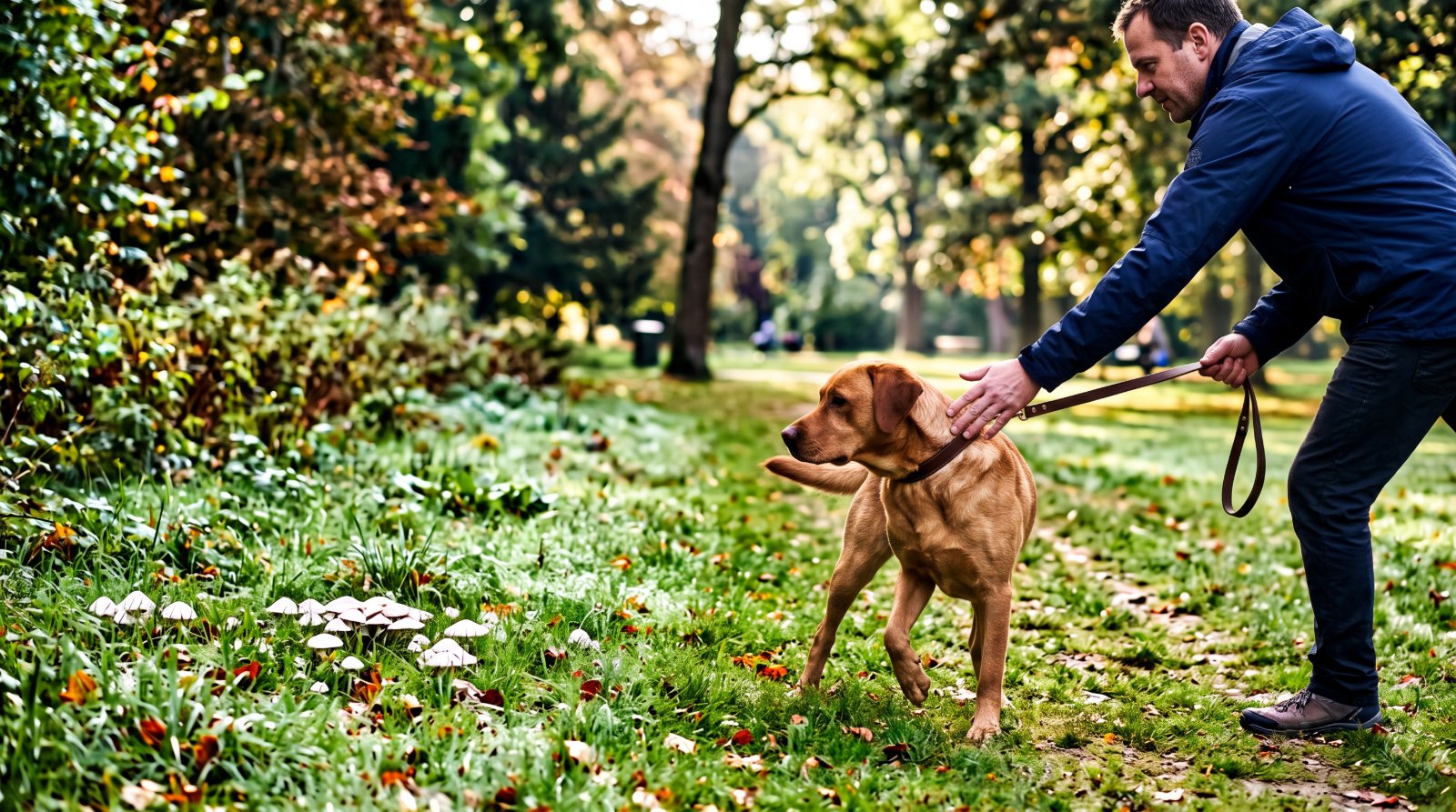 Maître éloignant son chien en laisse d'un groupe de champignons dans l'herbe