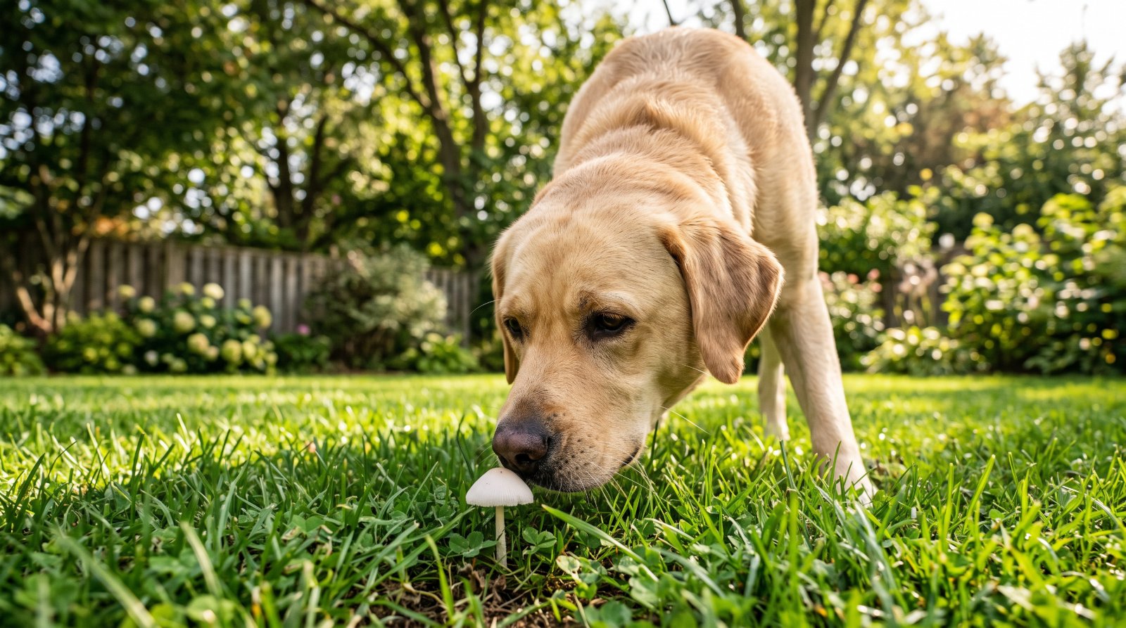 Chien qui renifle un champignon poussé dans une pelouse