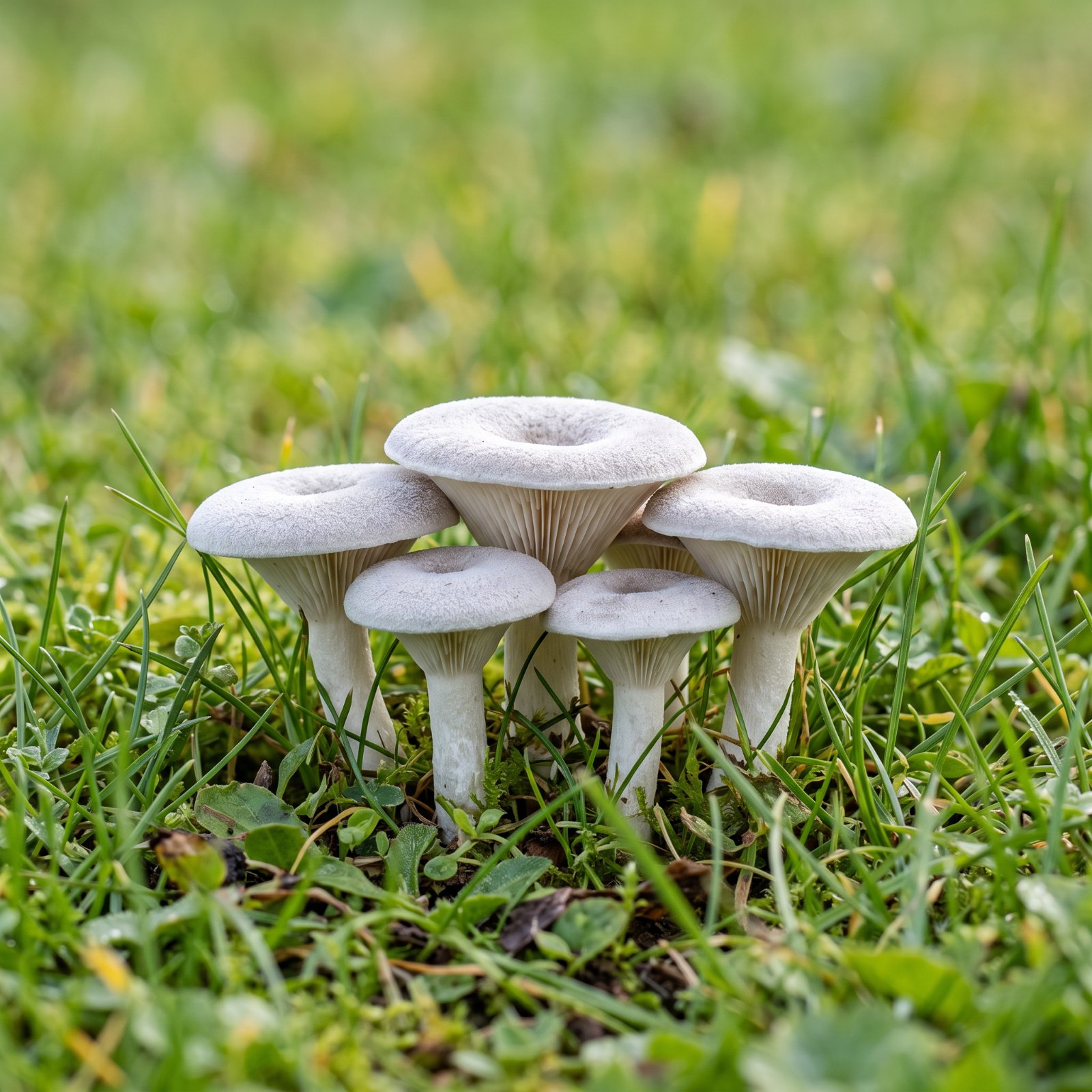 Clitocybes blanchis (Clitocybe dealbata), petits champignons blancs pruineux dans une pelouse