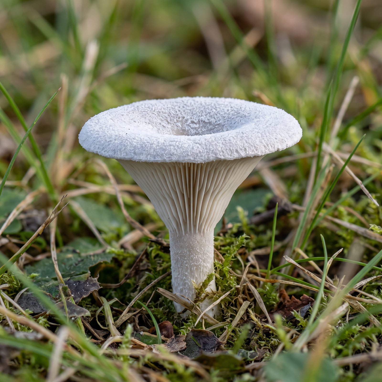 Chapeau blanc pruineux et lames blanches décurrentes du clitocybe blanchi