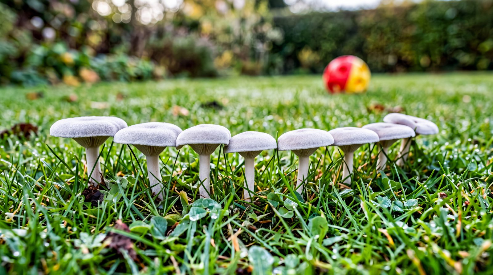 Clitocybes blanchis alignés en arc de cercle dans une pelouse de jardin