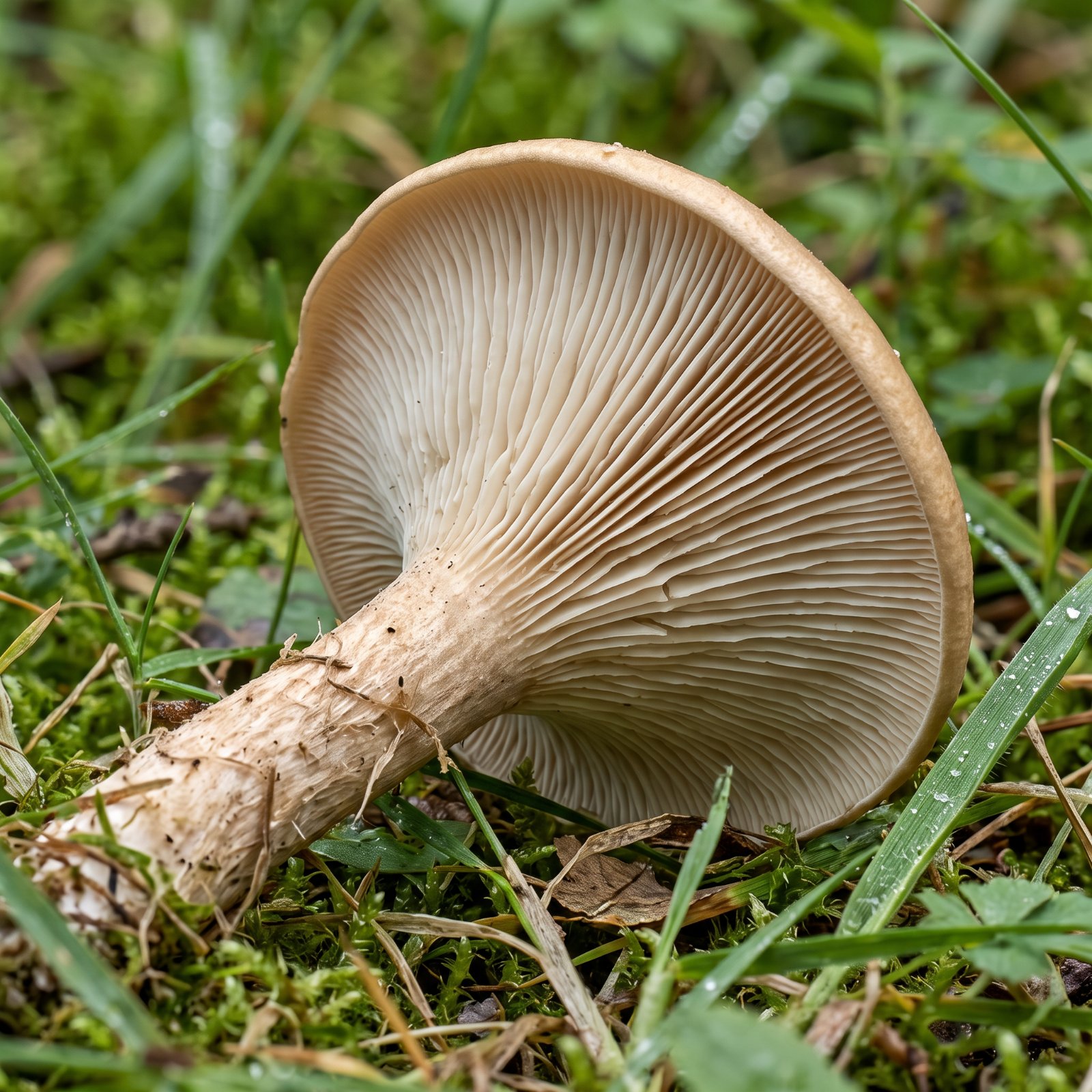 Lames blanc crème très décurrentes du clitocybe géotrope