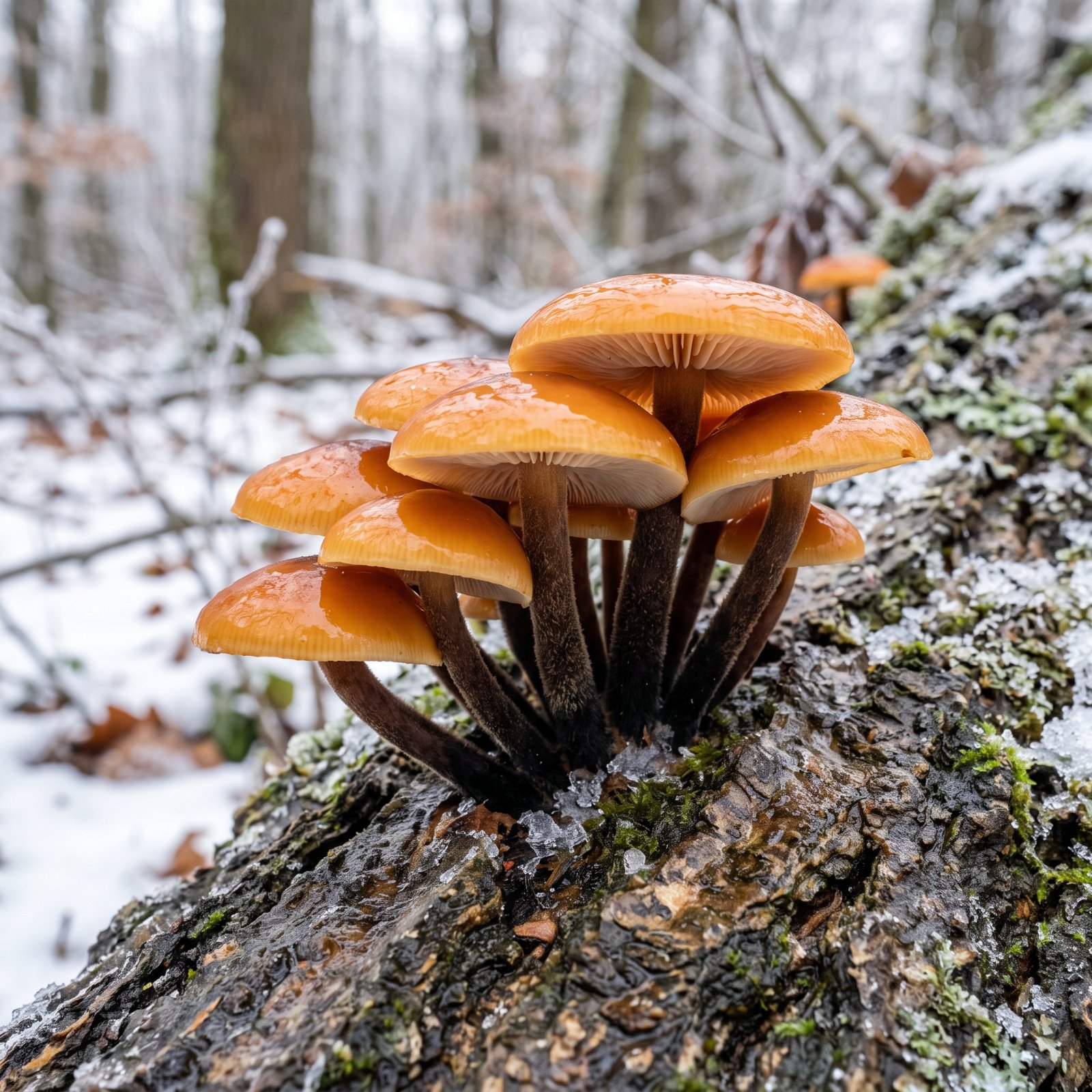 Collybies à pied velouté (Flammulina velutipes) au chapeau orange et au pied brun velouté