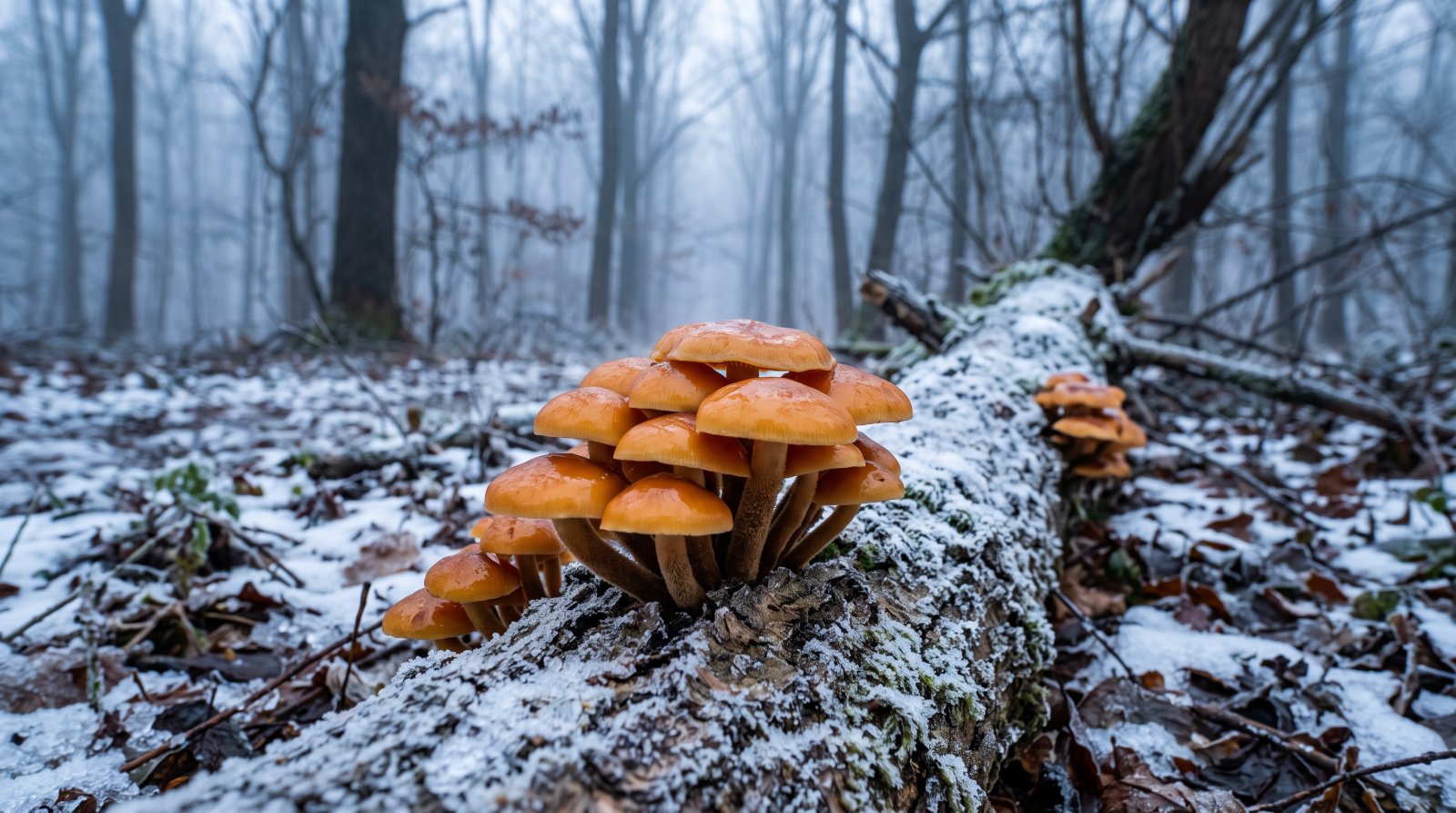 Touffe de collybies à pied velouté orange sur un tronc de saule givré