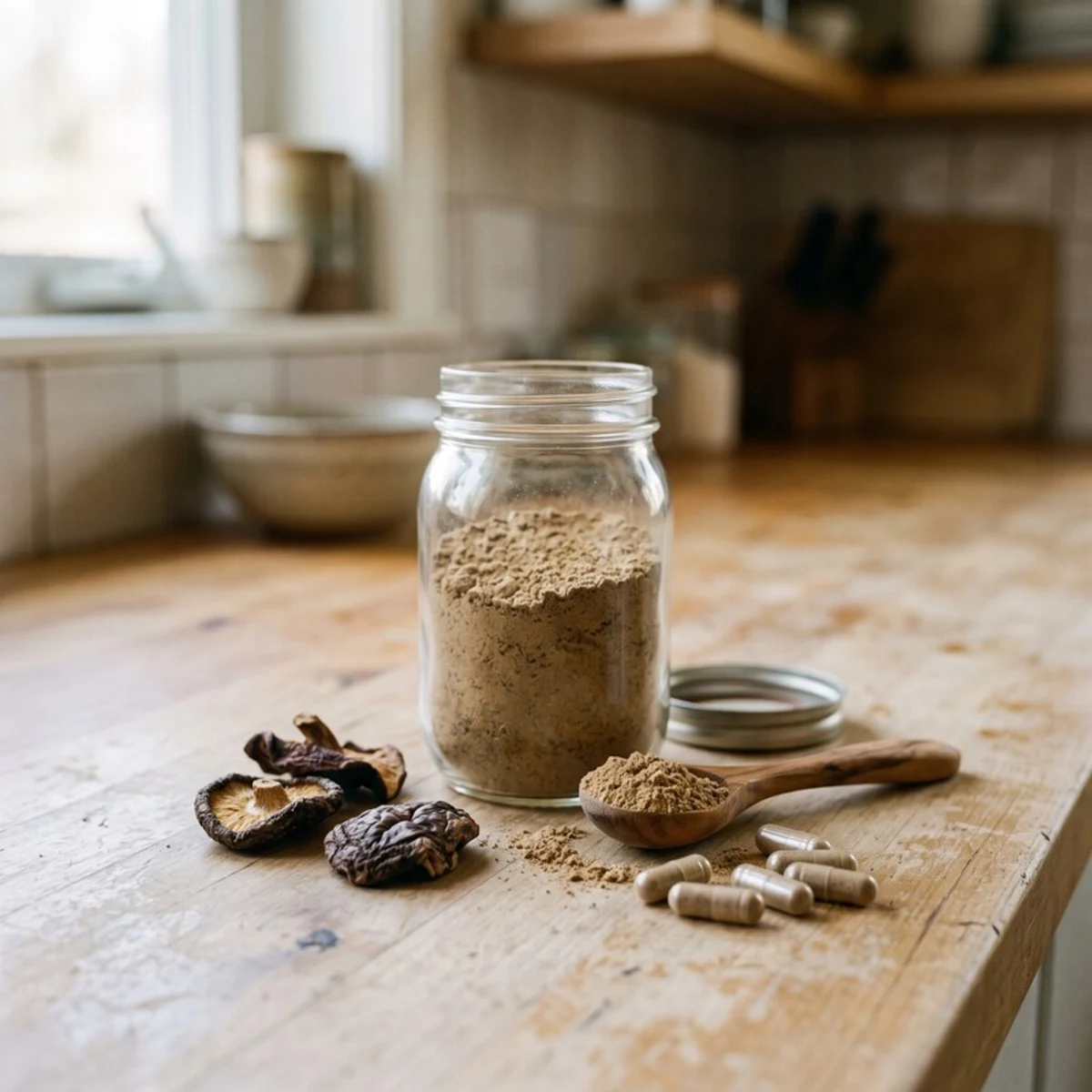 Poudre et gélules de compléments à base de champignons