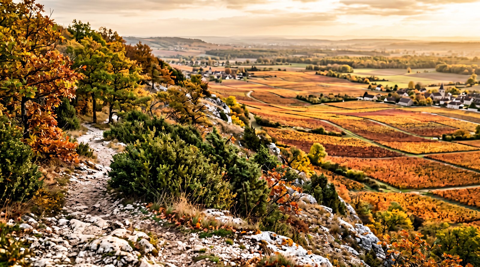 Coteau calcaire de Bourgogne en automne, chênaie claire et vignes en contrebas