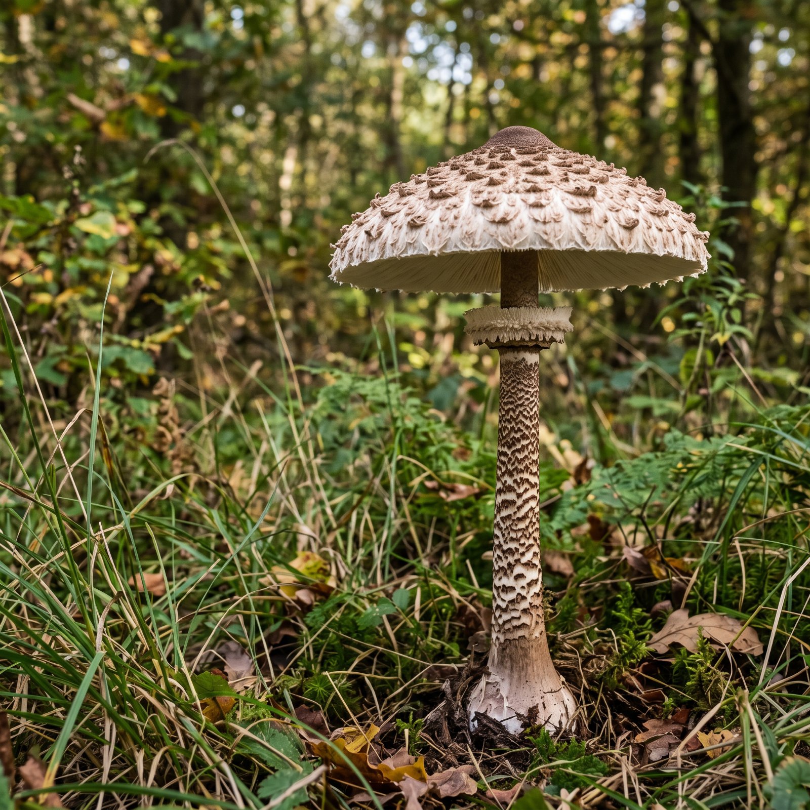 Coulemelle (Macrolepiota procera) au chapeau en parasol écailleux et au pied chiné