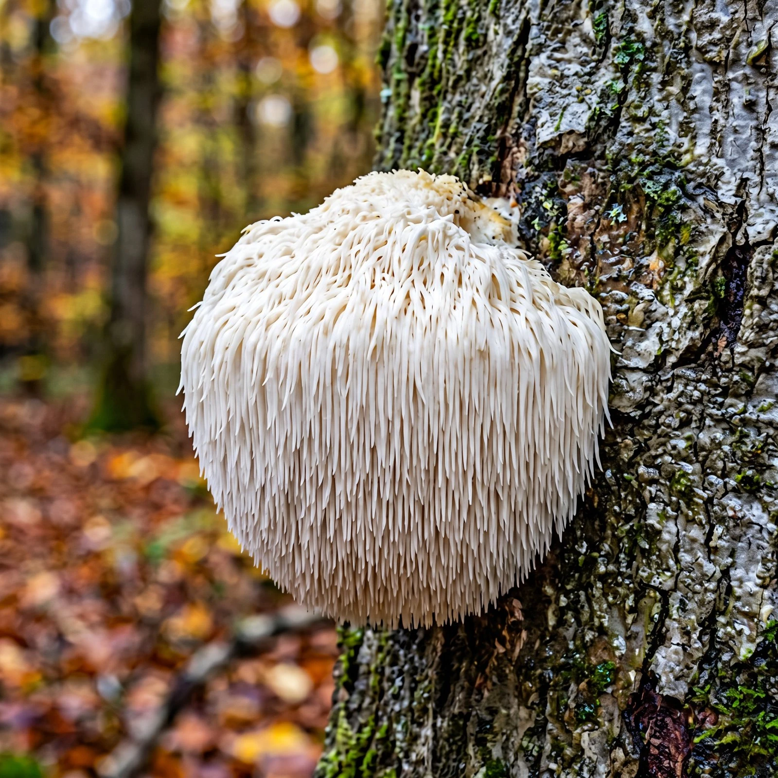Crinière de lion (Hericium erinaceus) accrochée au tronc d'un vieux hêtre
