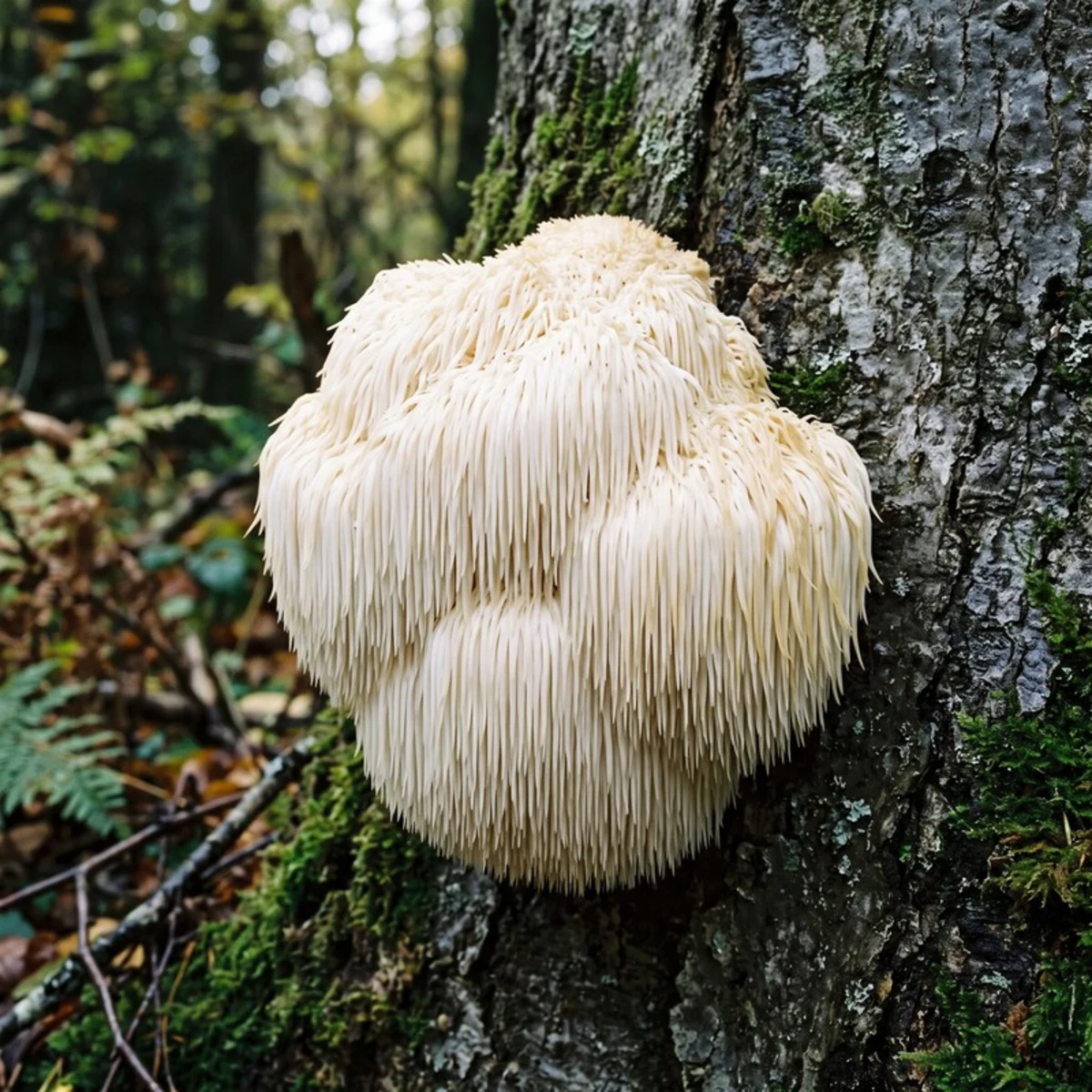 Photo de crinière de lion (Hericium erinaceus) sur un hêtre
