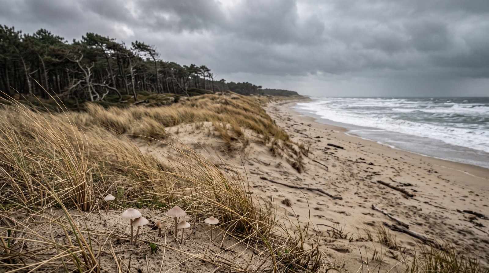 Dunes atlantiques couvertes d'oyats et pins maritimes en automne