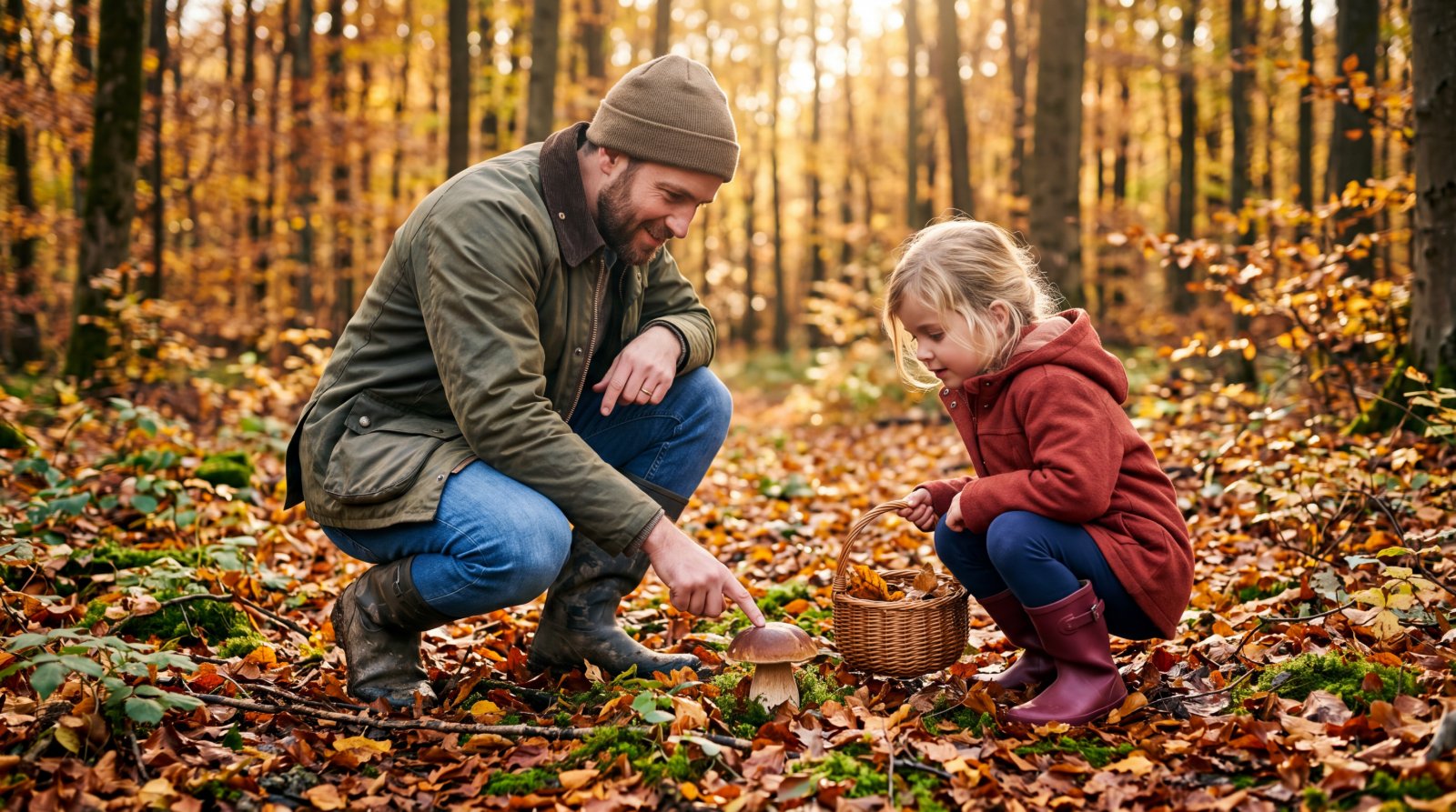 Adulte montrant un champignon à un enfant qui porte un panier, en forêt d'automne