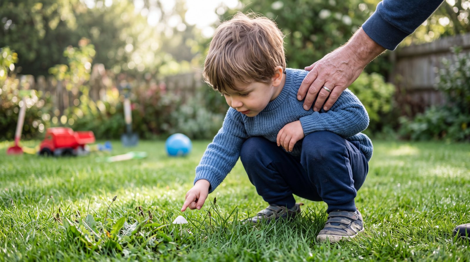 Jeune enfant montrant du doigt un champignon dans une pelouse, sans le toucher