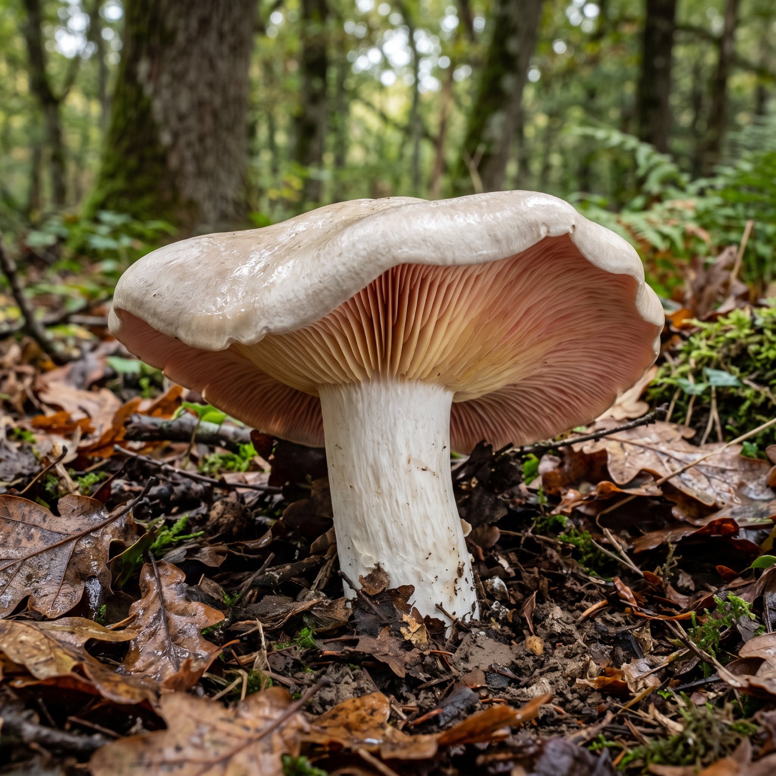 Entolome livide (Entoloma sinuatum) au chapeau ivoire et aux lames rose saumon