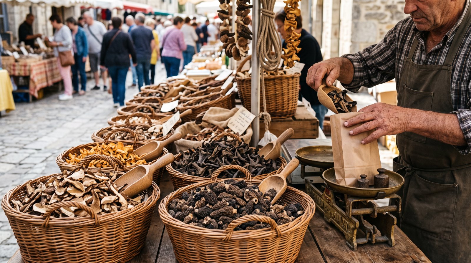Étal de marché avec des paniers de cèpes secs, de morilles et de trompettes