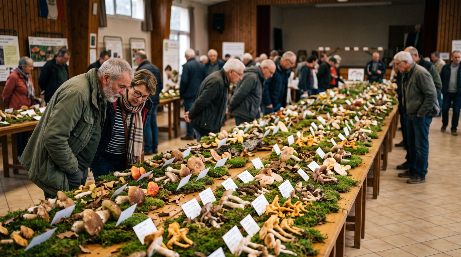 Exposition mycologique : tables couvertes d'espèces fraîches étiquetées