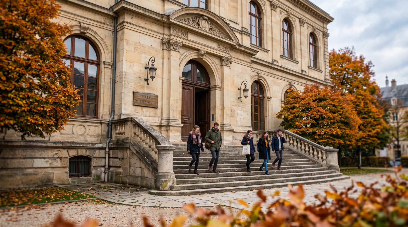Façade d'une faculté de pharmacie en automne