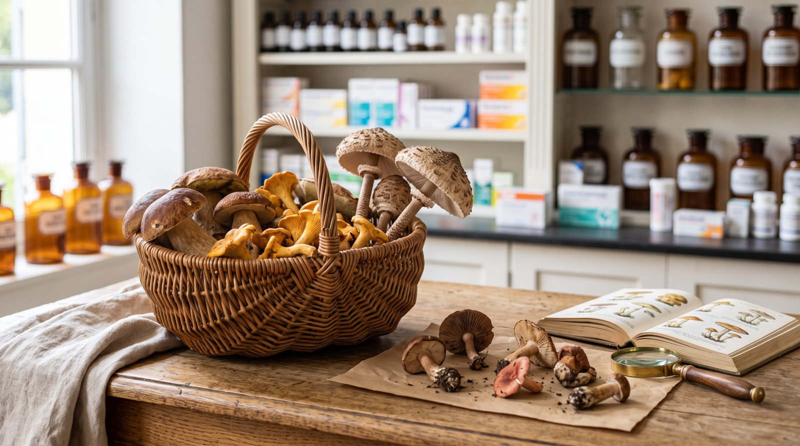 Panier de champignons variés apporté au comptoir d'une pharmacie pour identification