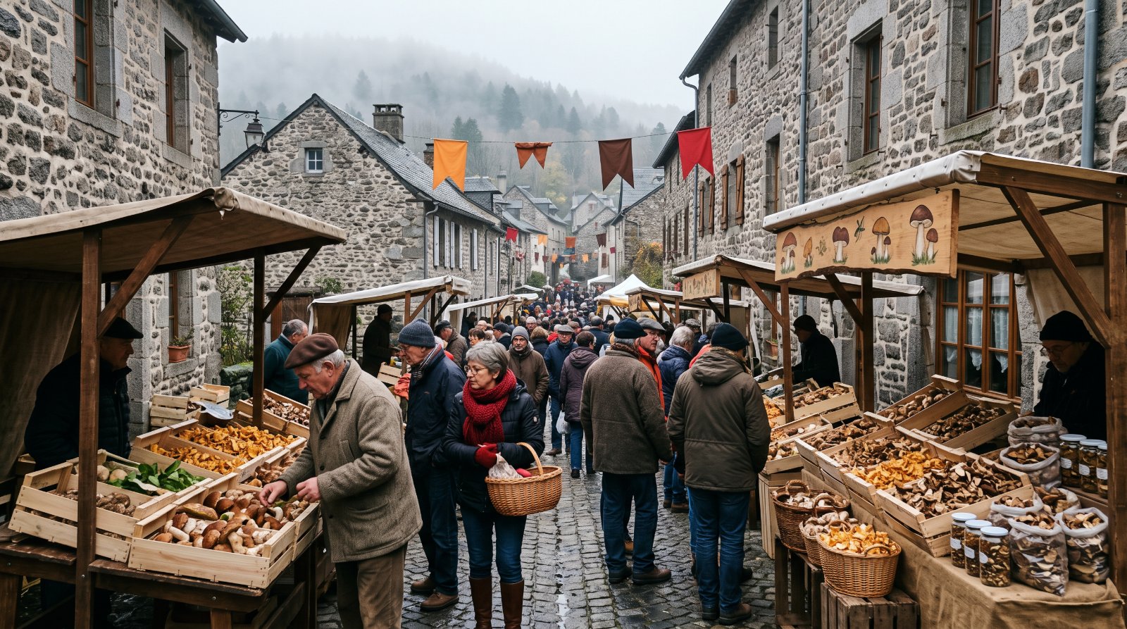 Rue de village de montagne un jour de foire aux champignons, étals et chalands