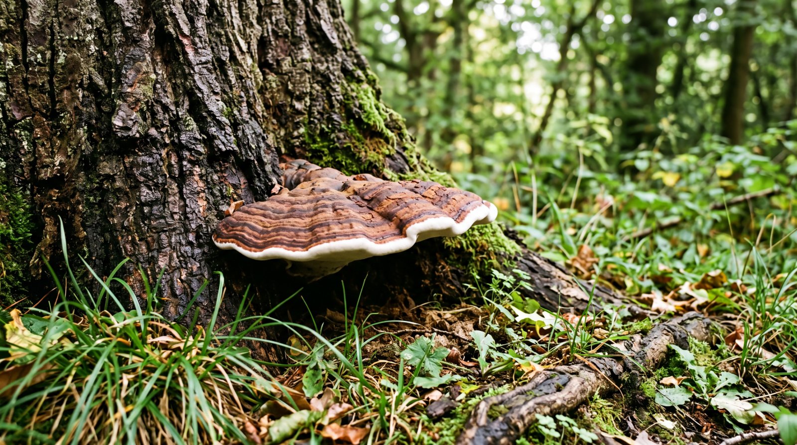 Ganoderme en console dure brune au collet d'un grand arbre