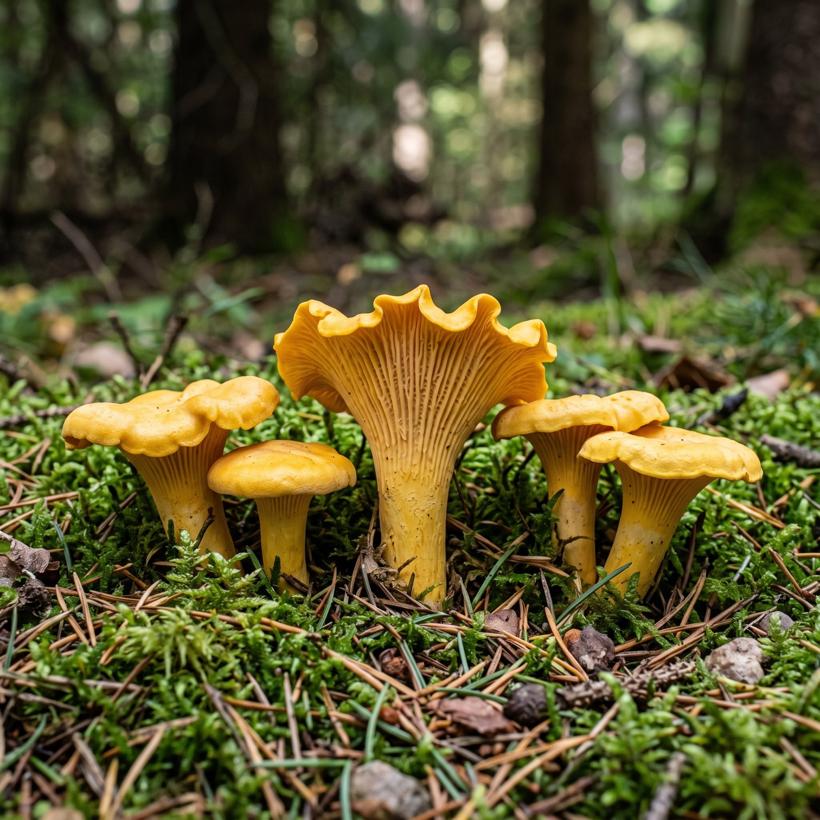 Girolles (Cantharellus cibarius) jaune d'oeuf avec leurs plis épais et fourchus