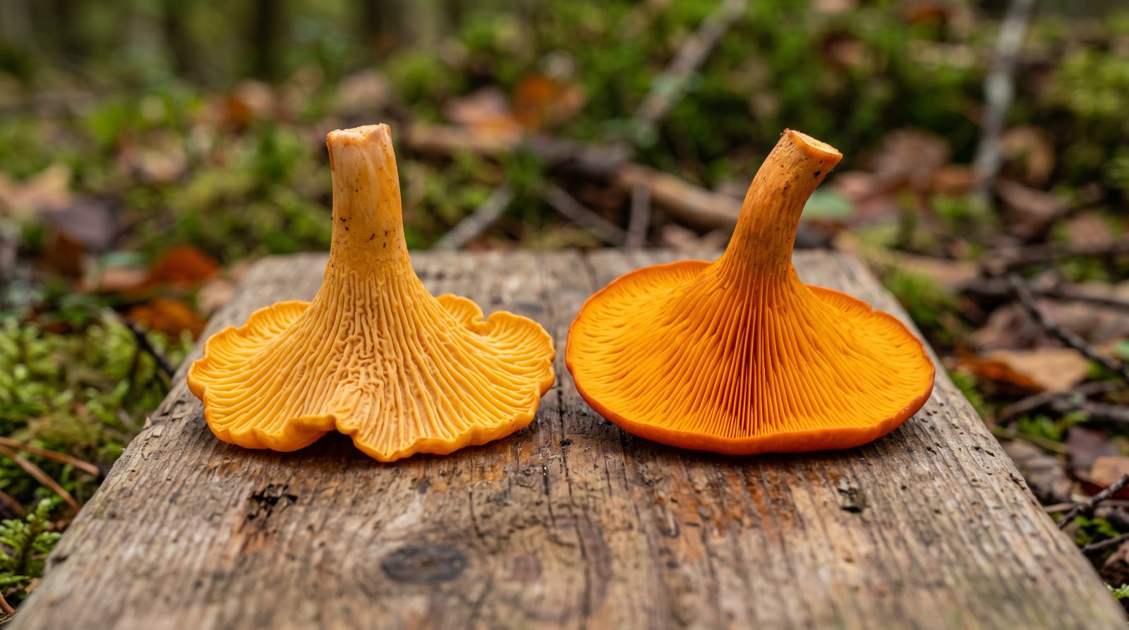 Girolle et pleurote de l'olivier retournés côte à côte, plis contre lames