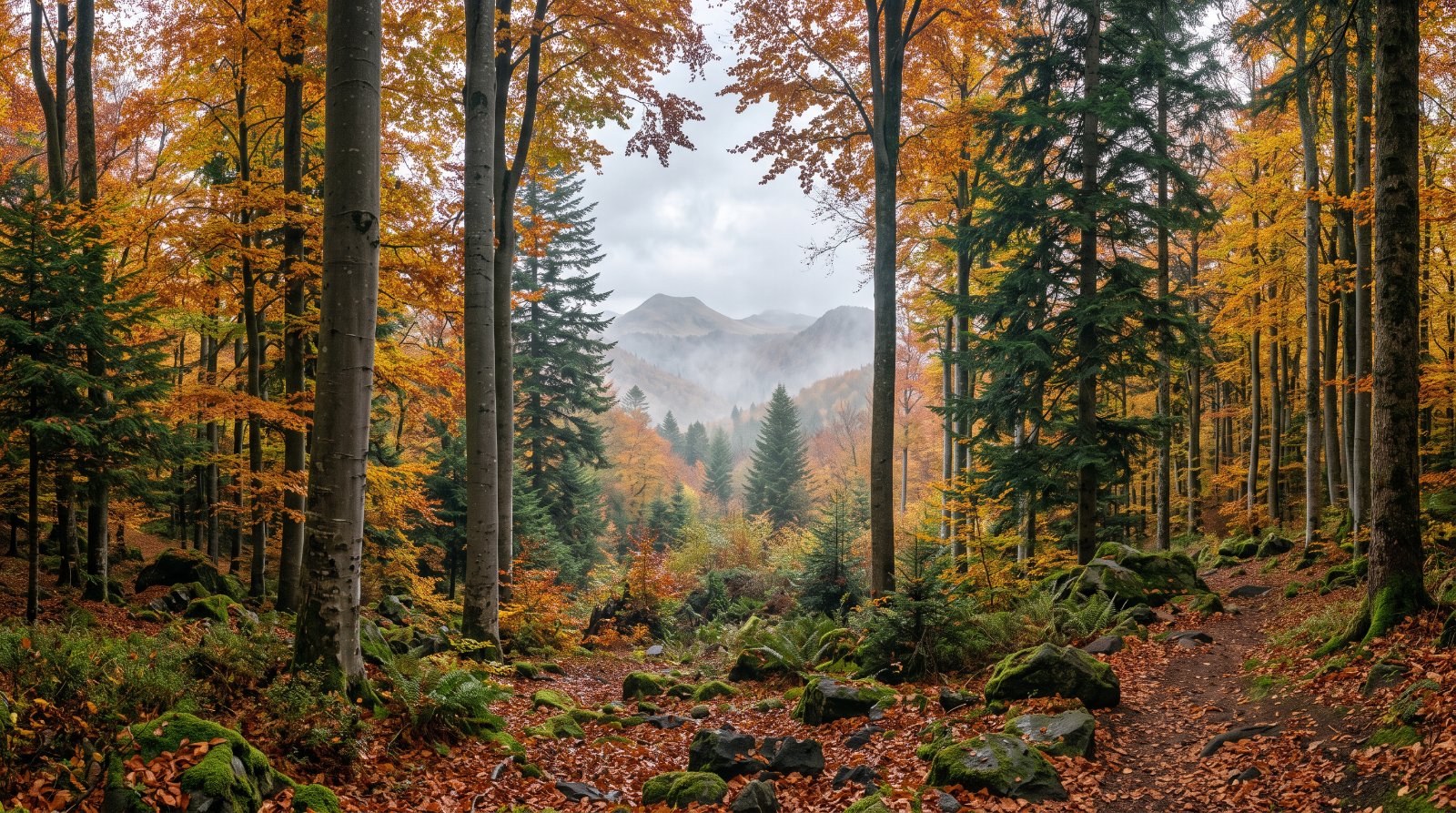Hêtraie-sapinière du massif du Sancy en automne, blocs de basalte moussus et litière de feuilles rousses
