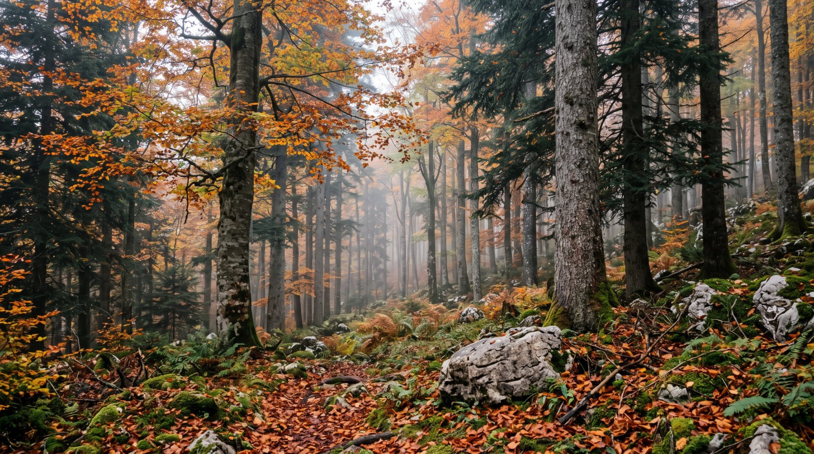 Hêtraie sapinière du Vercors en automne, brume entre les troncs