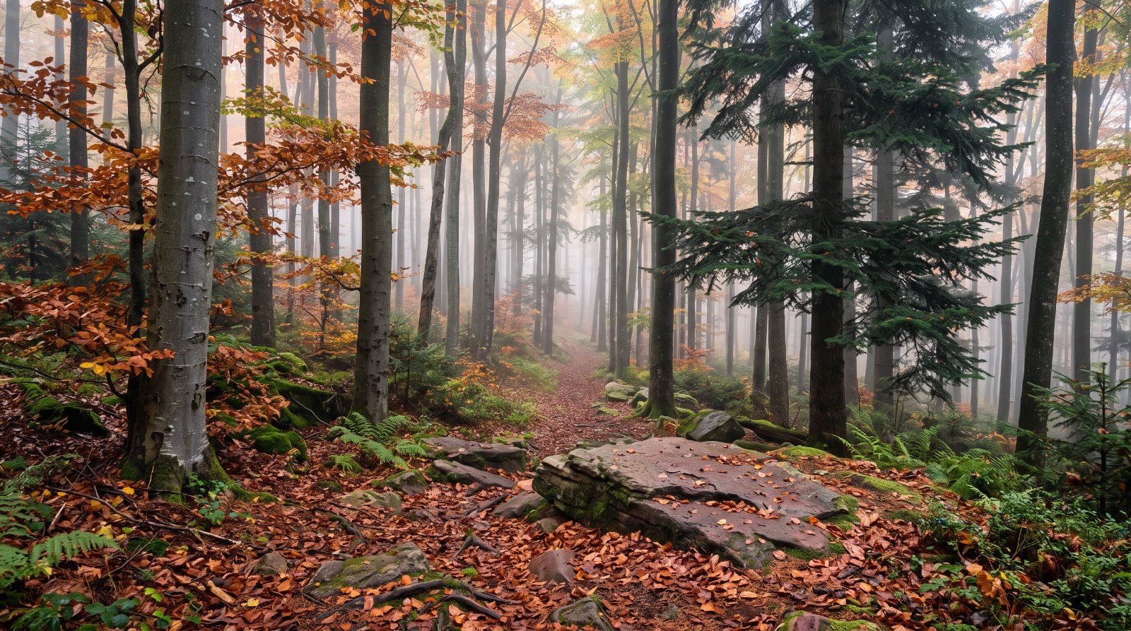 Hêtraie-sapinière des Vosges gréseuses en automne, dalles de grès rose et litière de feuilles et d'aiguilles