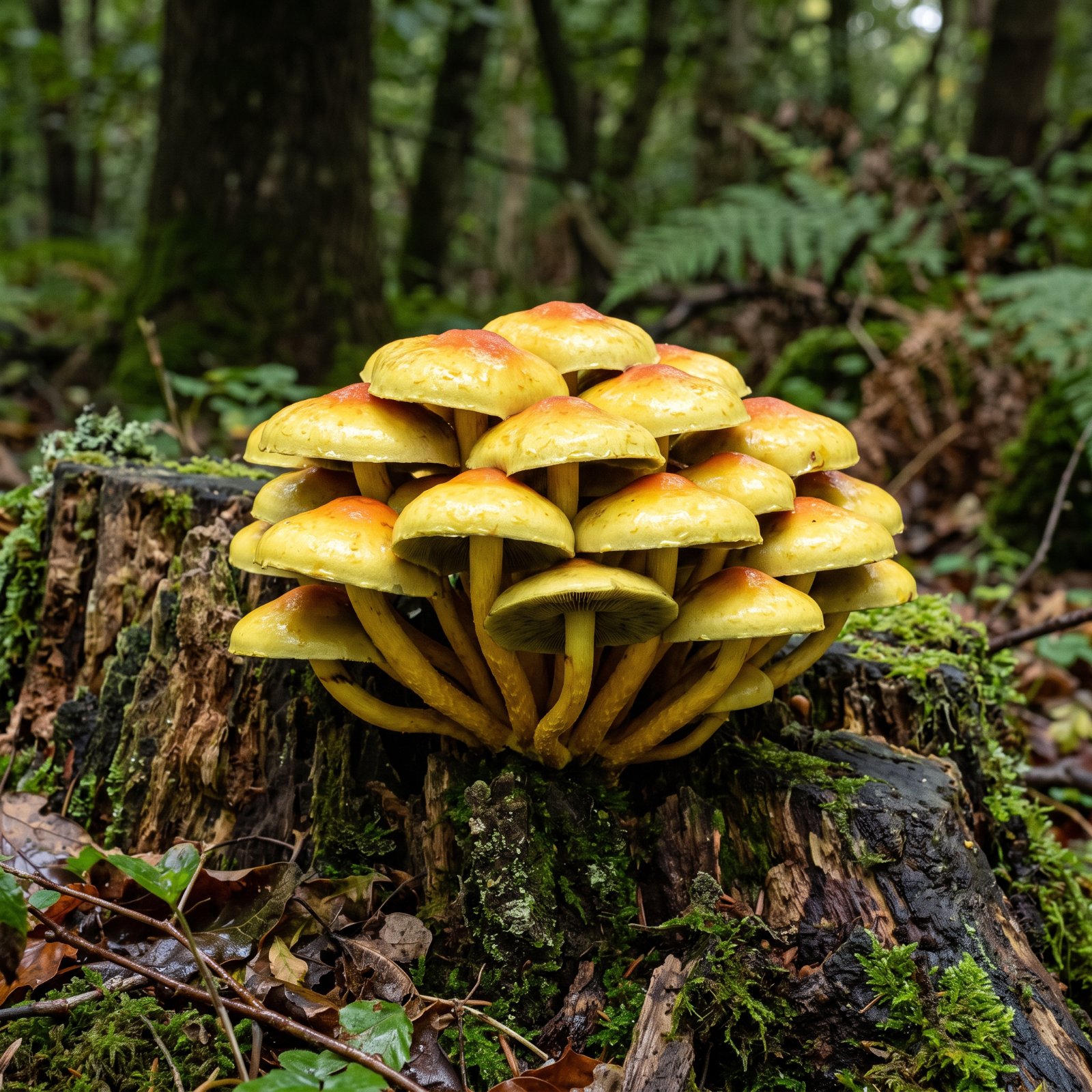 Touffe serrée d'hypholomes en touffe (Hypholoma fasciculare) jaune soufre sur une souche