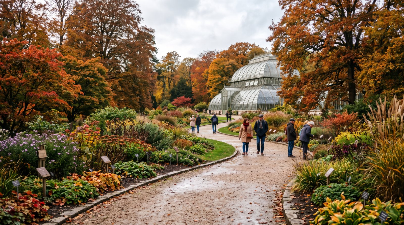 Grand jardin botanique en automne avec sa serre et ses massifs étiquetés