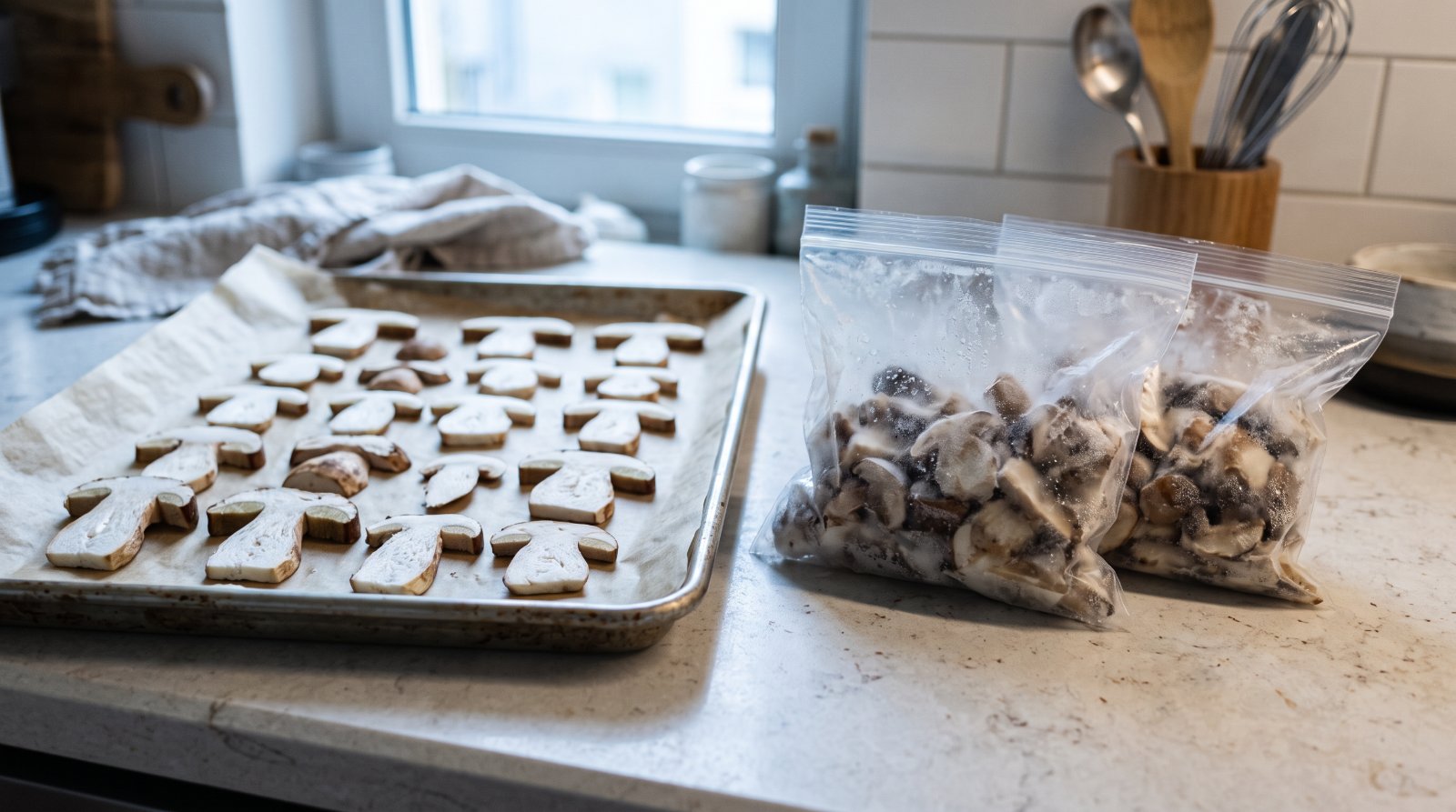 Lamelles de cèpes espacées sur une plaque et sachets de champignons congelés