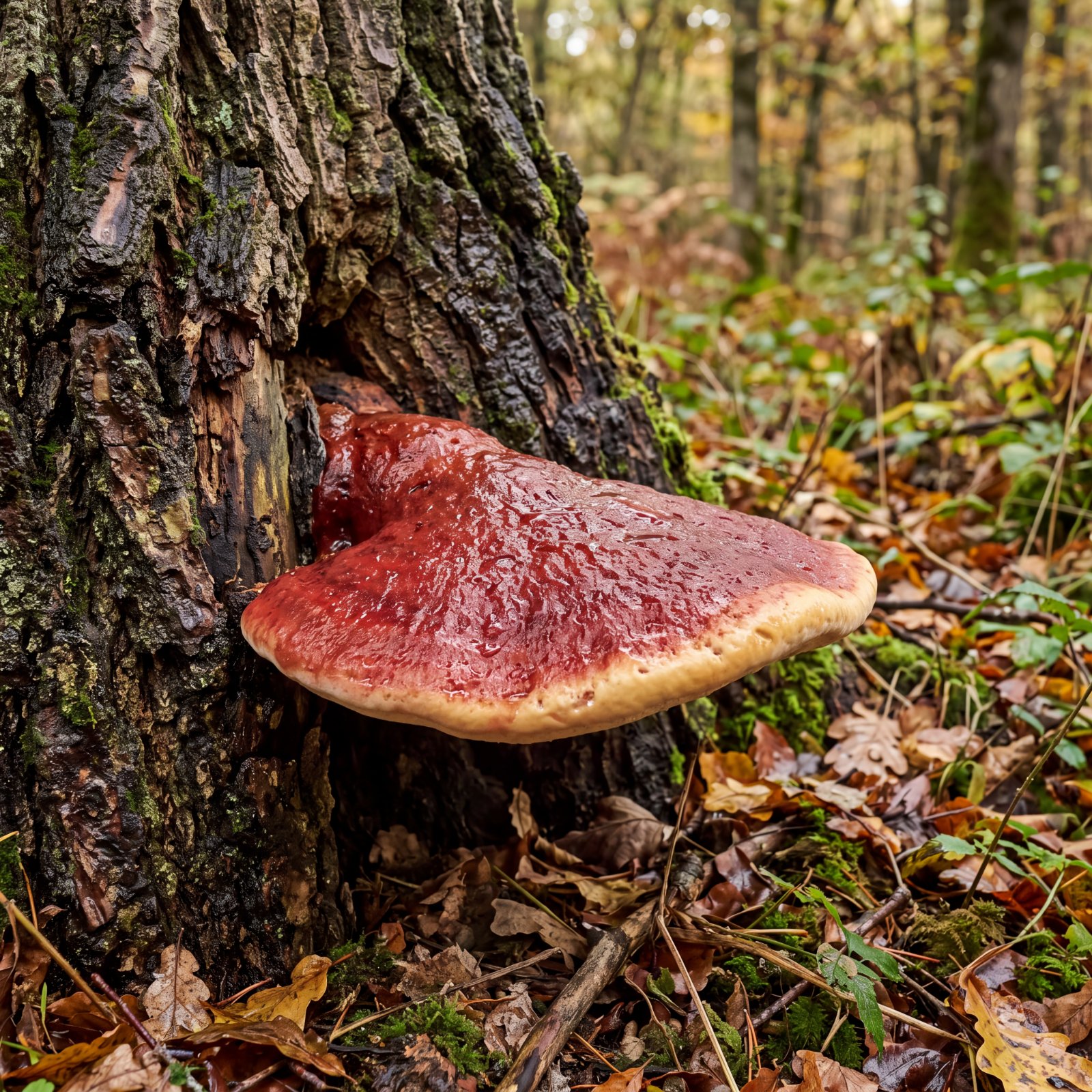 Langue-de-boeuf (Fistulina hepatica), console rouge sang au pied d'un vieux chêne
