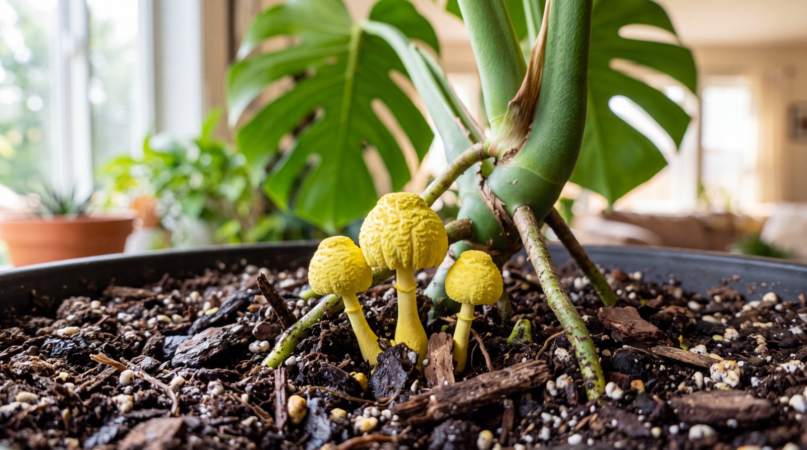 Petits champignons jaune citron poussant dans le terreau d'une plante d'intérieur
