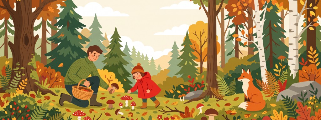 Illustration de cueillette de champignons en forêt d'automne — ChampiWiki
