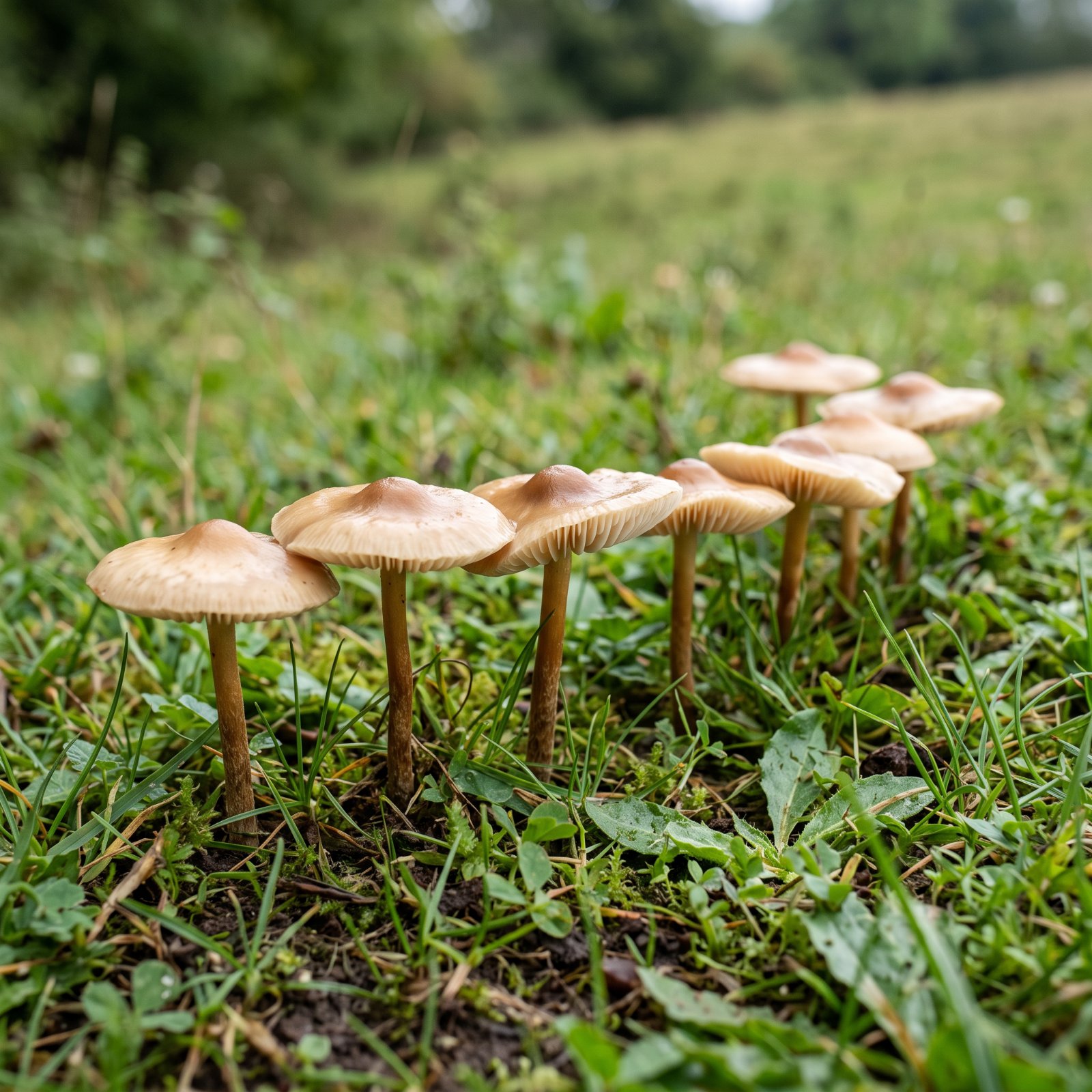 Marasmes des Oréades (Marasmius oreades) alignés en arc de cercle dans une prairie rase