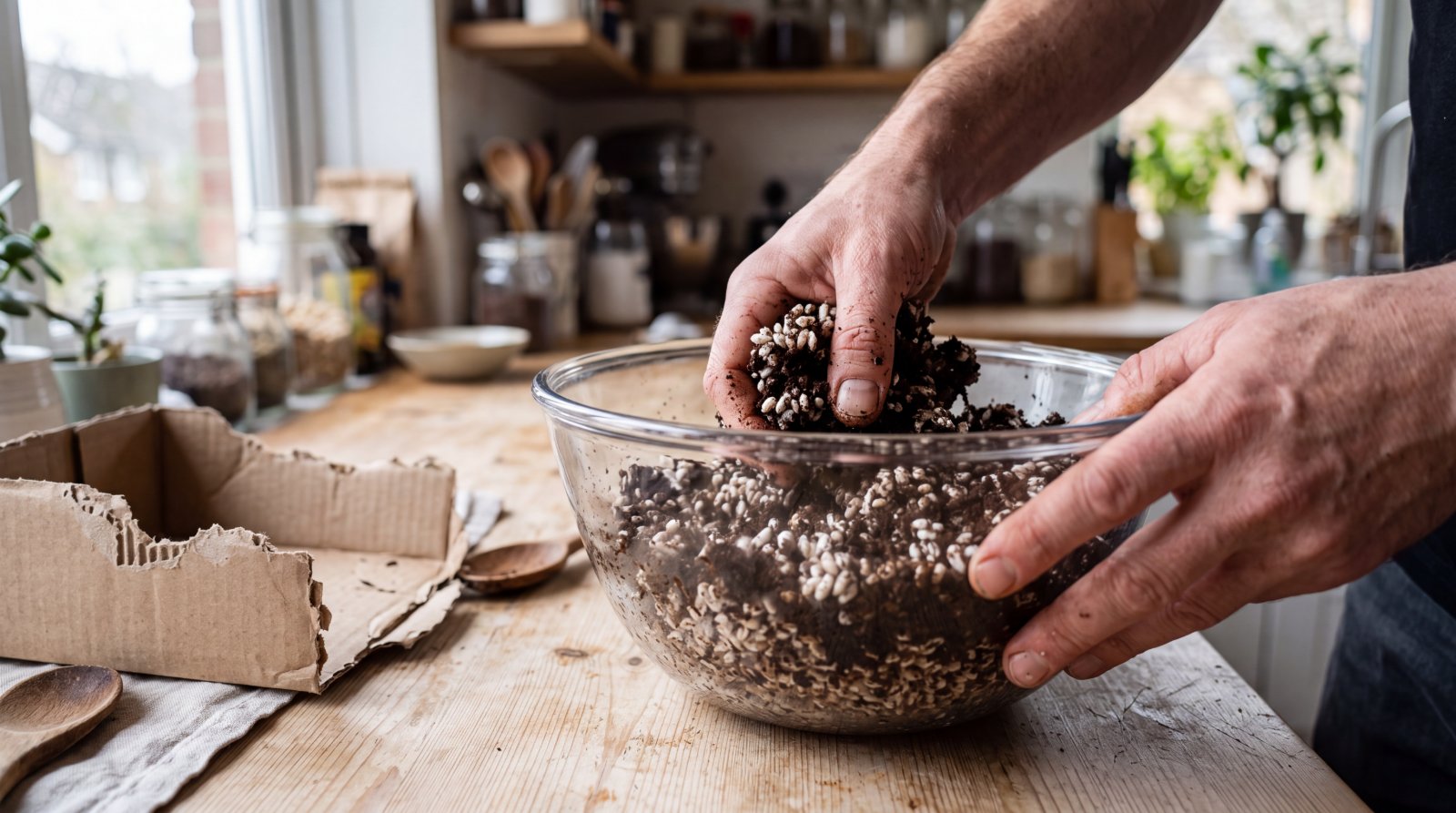 Mains mélangeant du marc de café avec des grains de mycélium dans un saladier