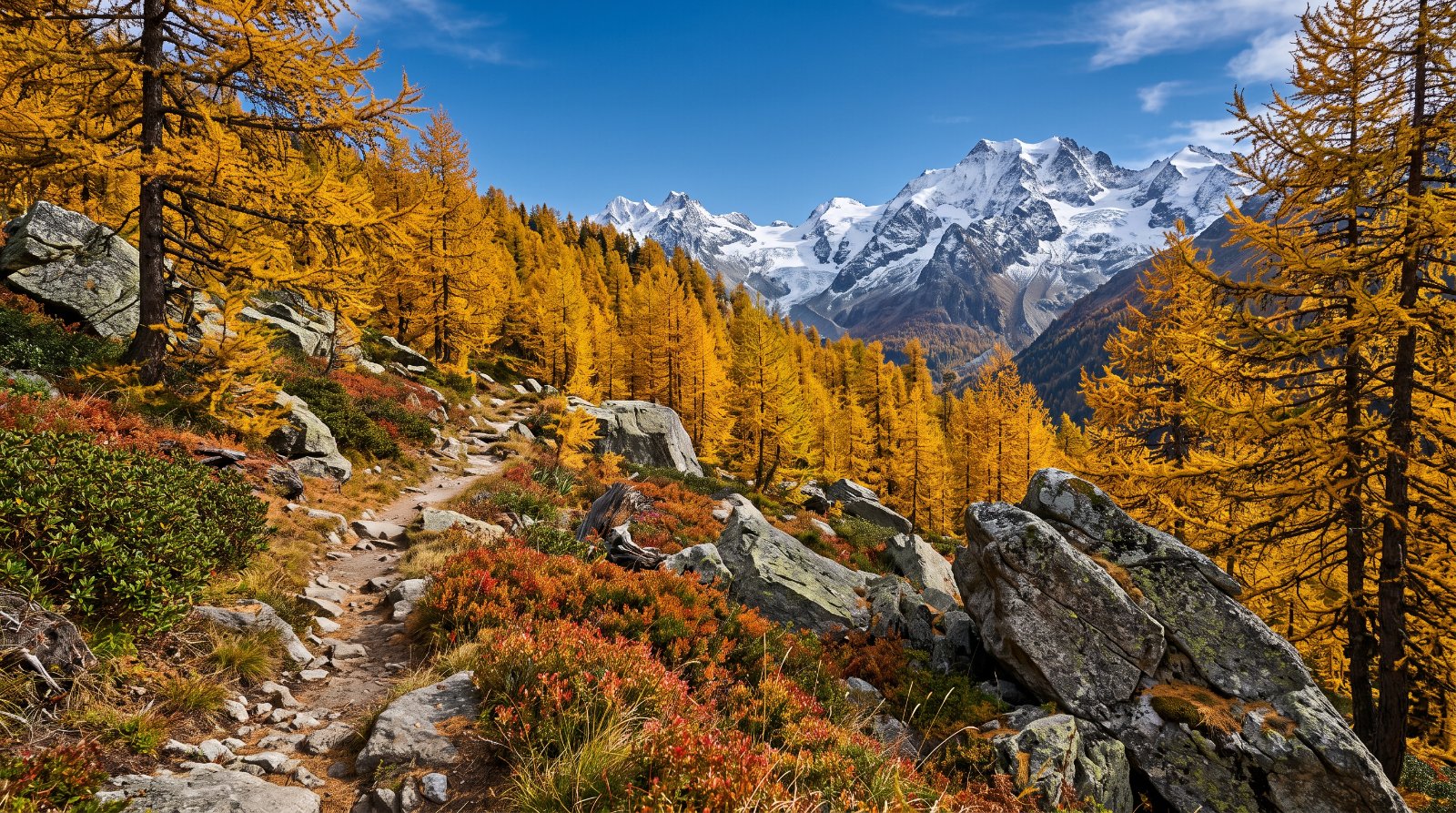 Mélézin de Savoie en automne, mélèzes aux aiguilles dorées, sous-bois de myrtilliers et sommets enneigés au fond