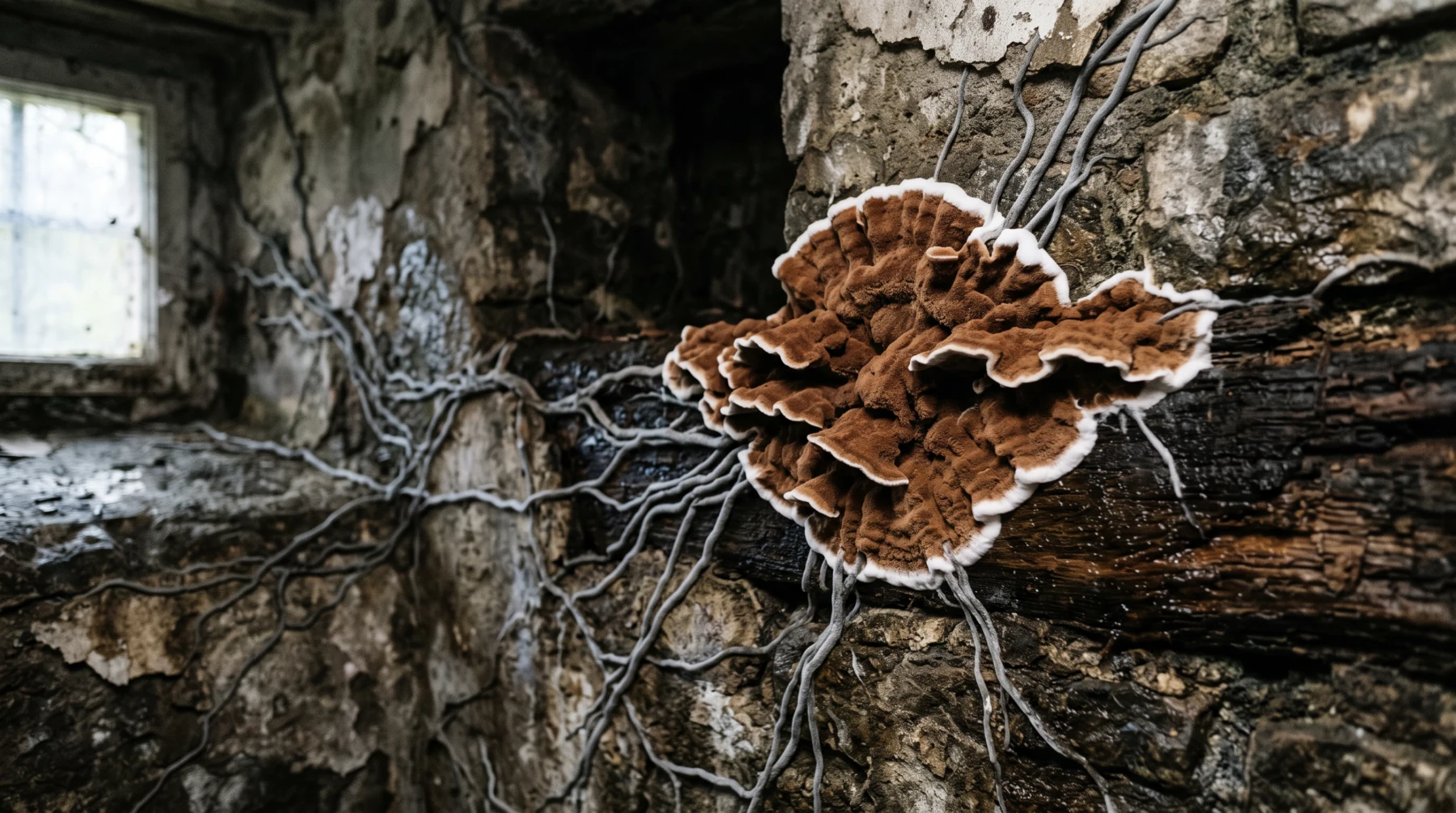 Plaque brune ondulée de mérule bordée de blanc sur un mur de cave humide