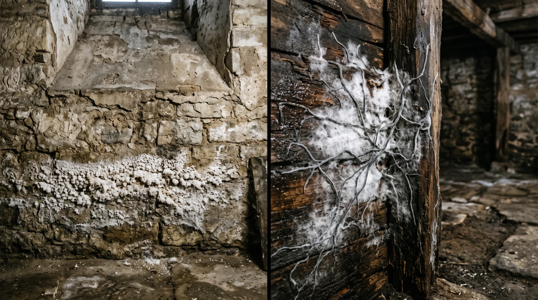 Efflorescence de salpêtre en bas d'un mur de cave à côté d'un feutrage de mérule sur du bois humide