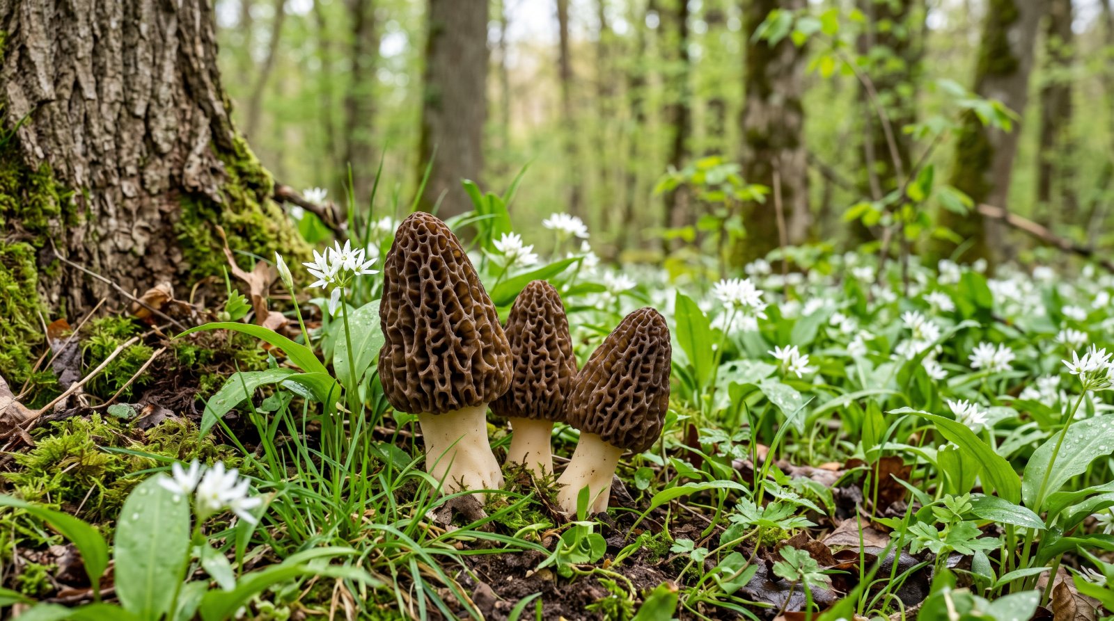 Morilles coniques au chapeau alvéolé poussant dans l'herbe au pied d'un frêne