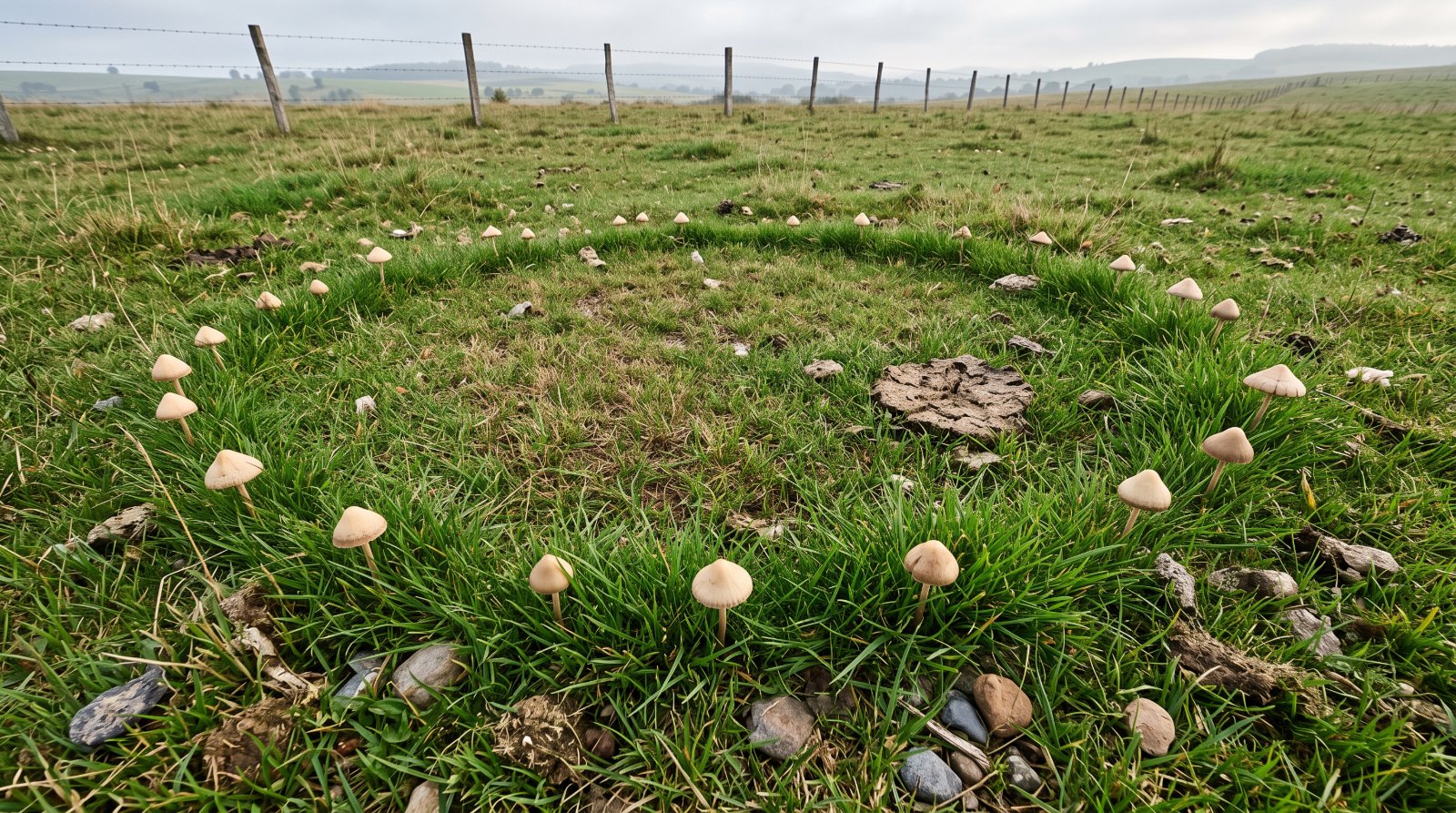 Mousserons formant un cercle complet dans une prairie pâturée, herbe plus verte le long de l'anneau