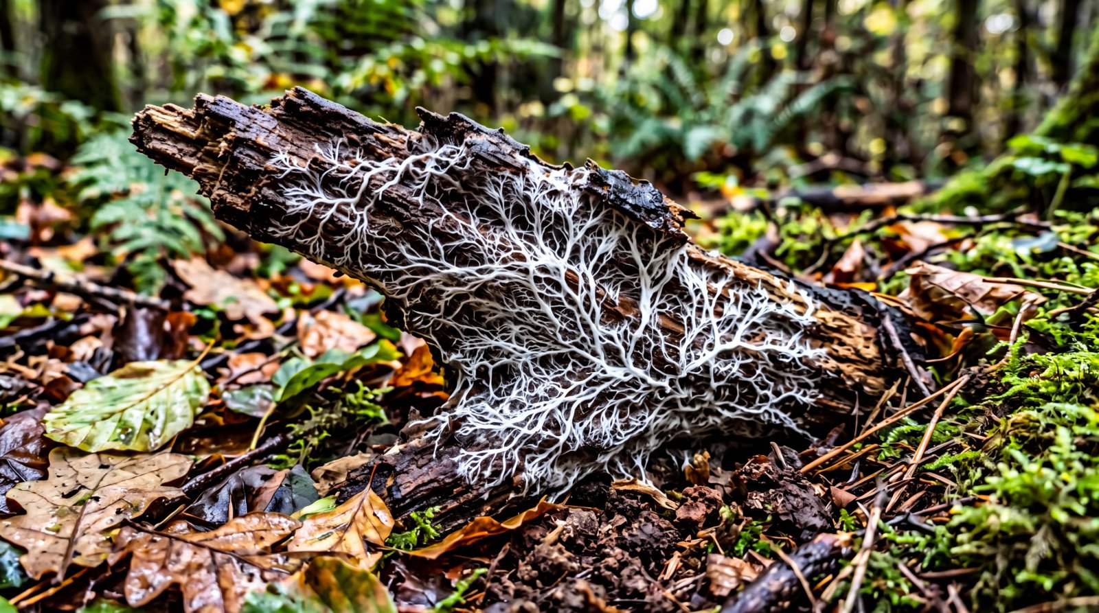Feutrage de mycélium blanc sur la face inférieure d'un morceau de bois mort