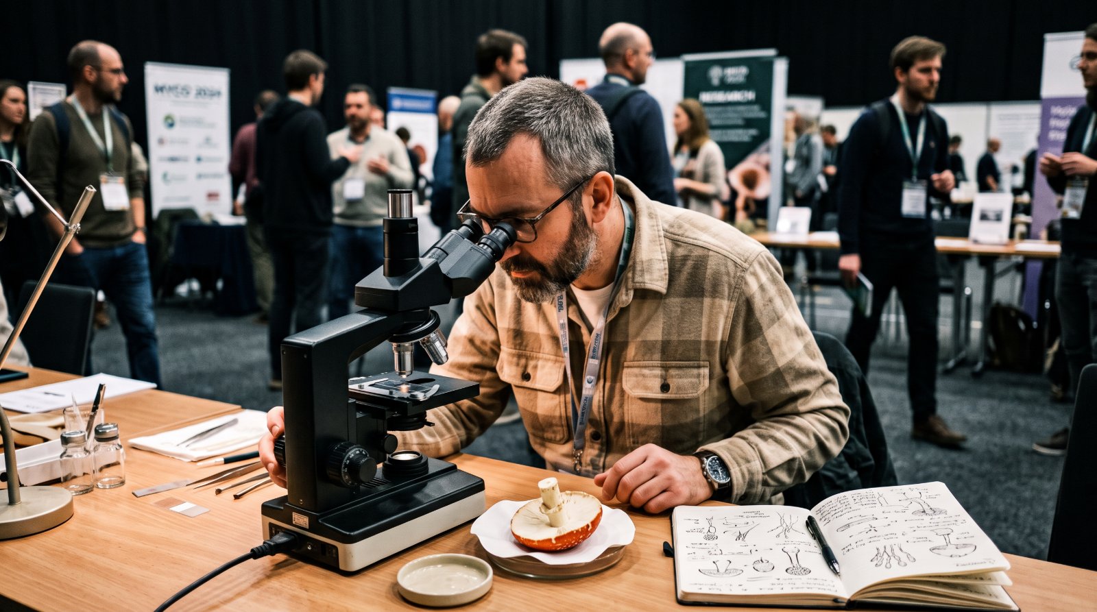 Mycologue au microscope pendant un congrès, croquis et champignon coupé à côté