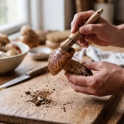 Nettoyage d’un cèpe à sec avec une brosse à champignons, sans eau