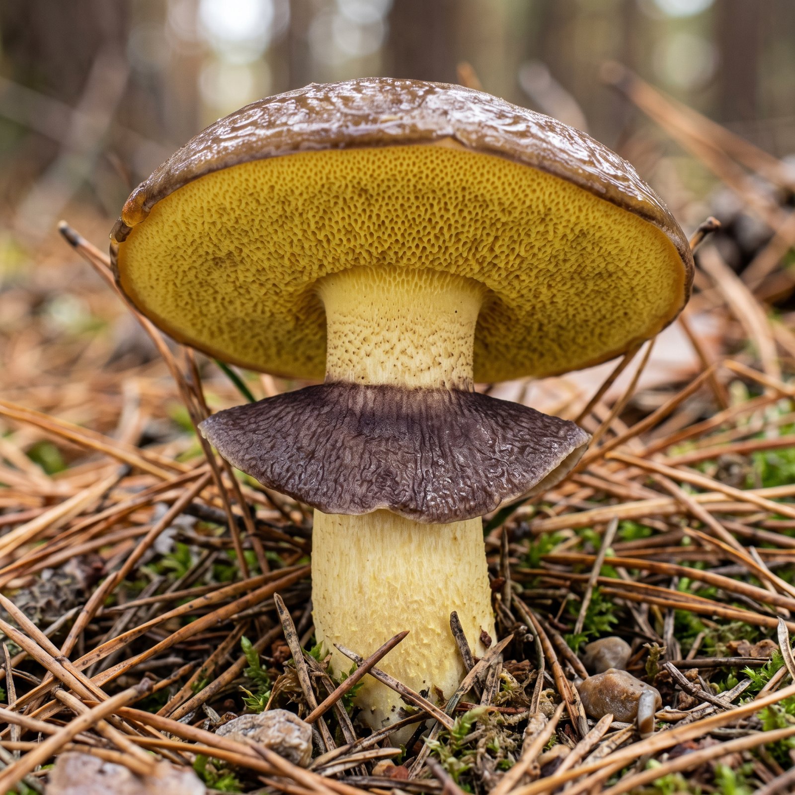 Anneau brun violacé et pores jaune vif de la nonnette voilée (Suillus luteus)