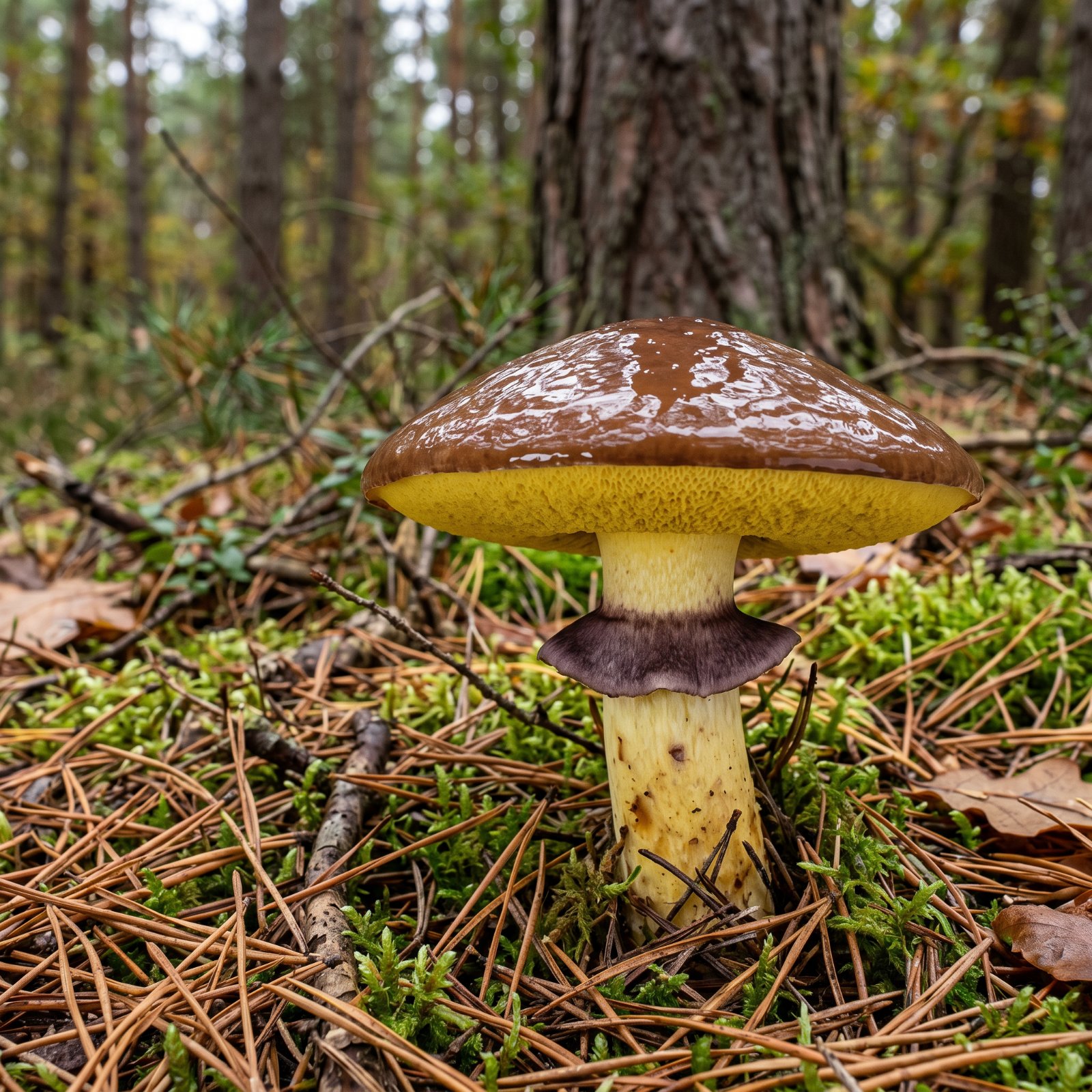 Nonnette voilée (Suillus luteus) sous un pin, chapeau brun visqueux et anneau brun violacé