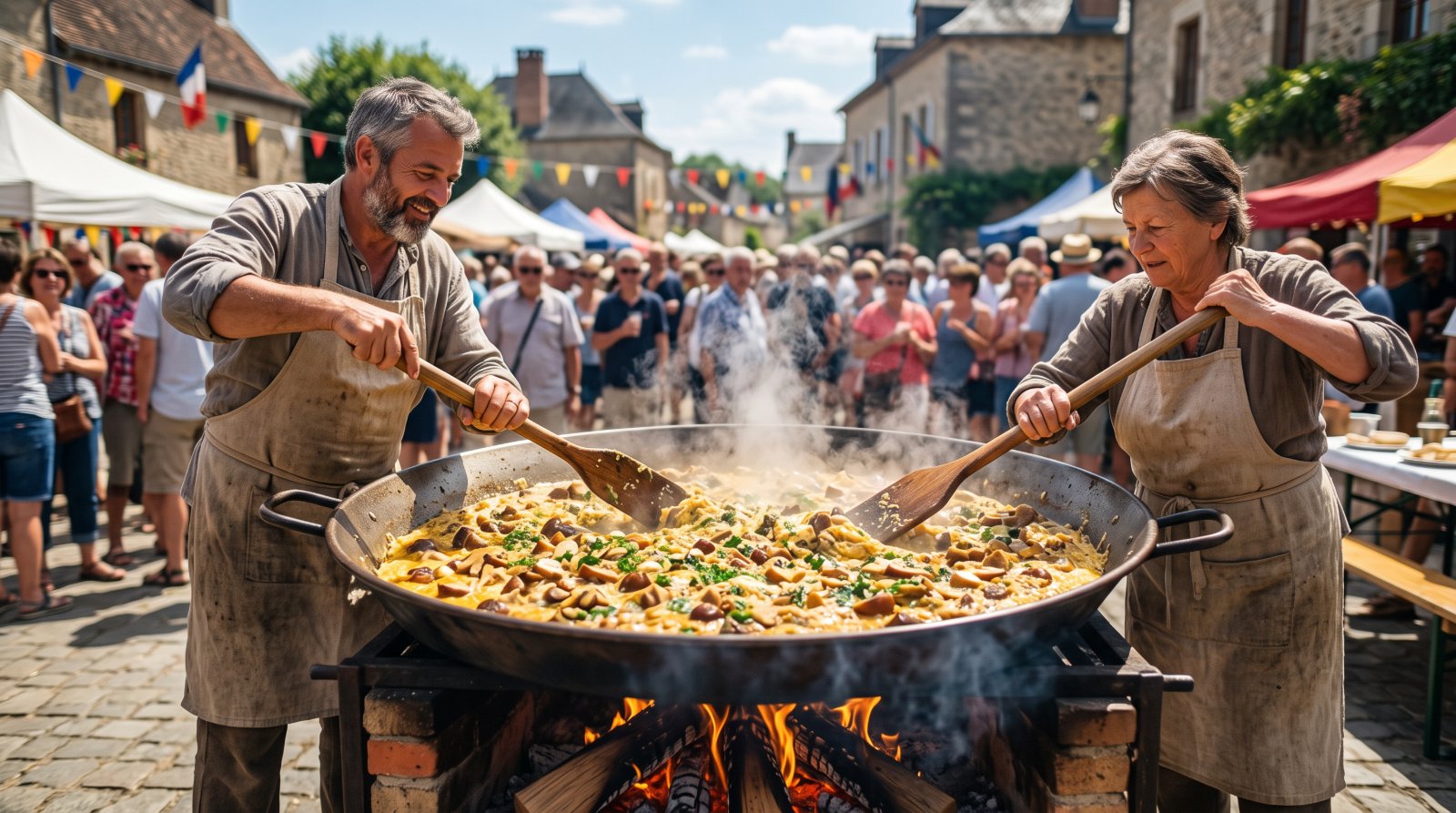 Omelette géante aux cèpes cuite en plein air dans une poêle géante
