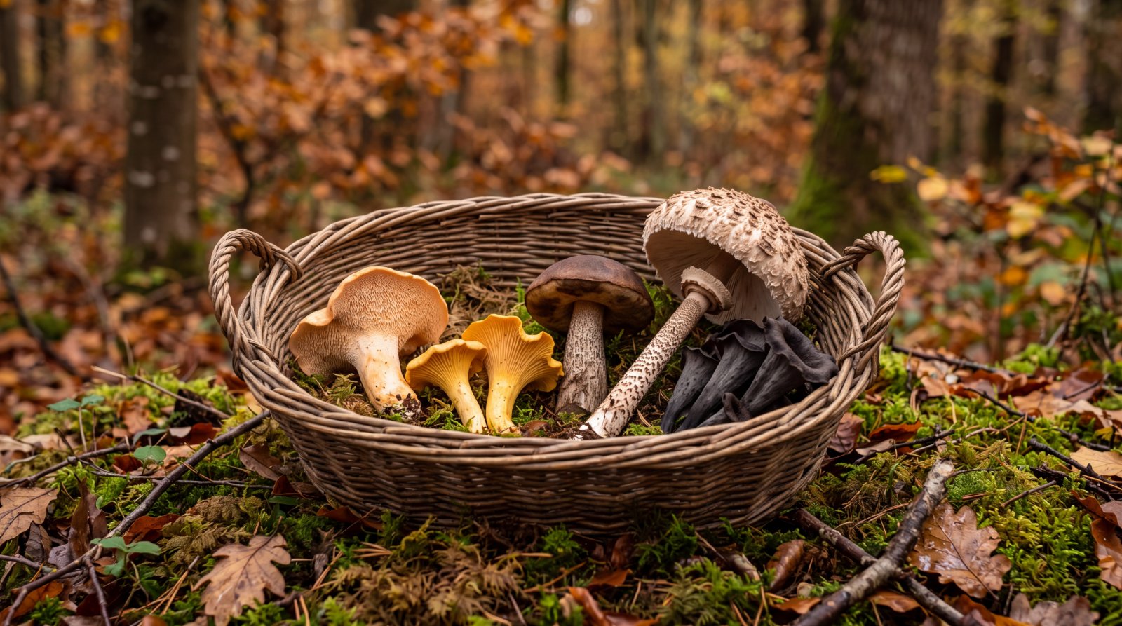 Panier contenant cinq espèces faciles : pied de mouton, girolles, bolet rude, coulemelle et trompettes