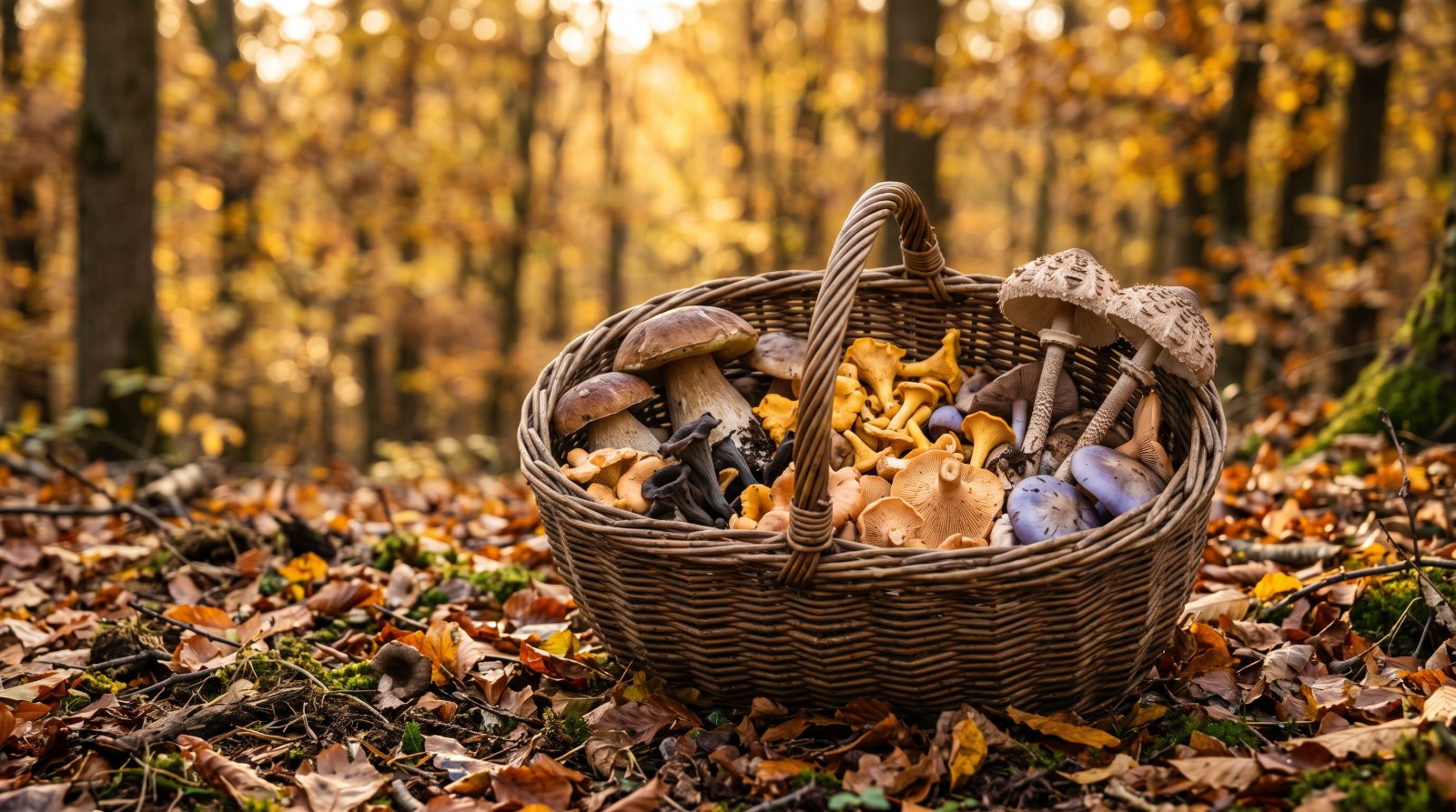 Panier de cueillette d'automne rempli de cèpes, girolles, trompettes et coulemelles
