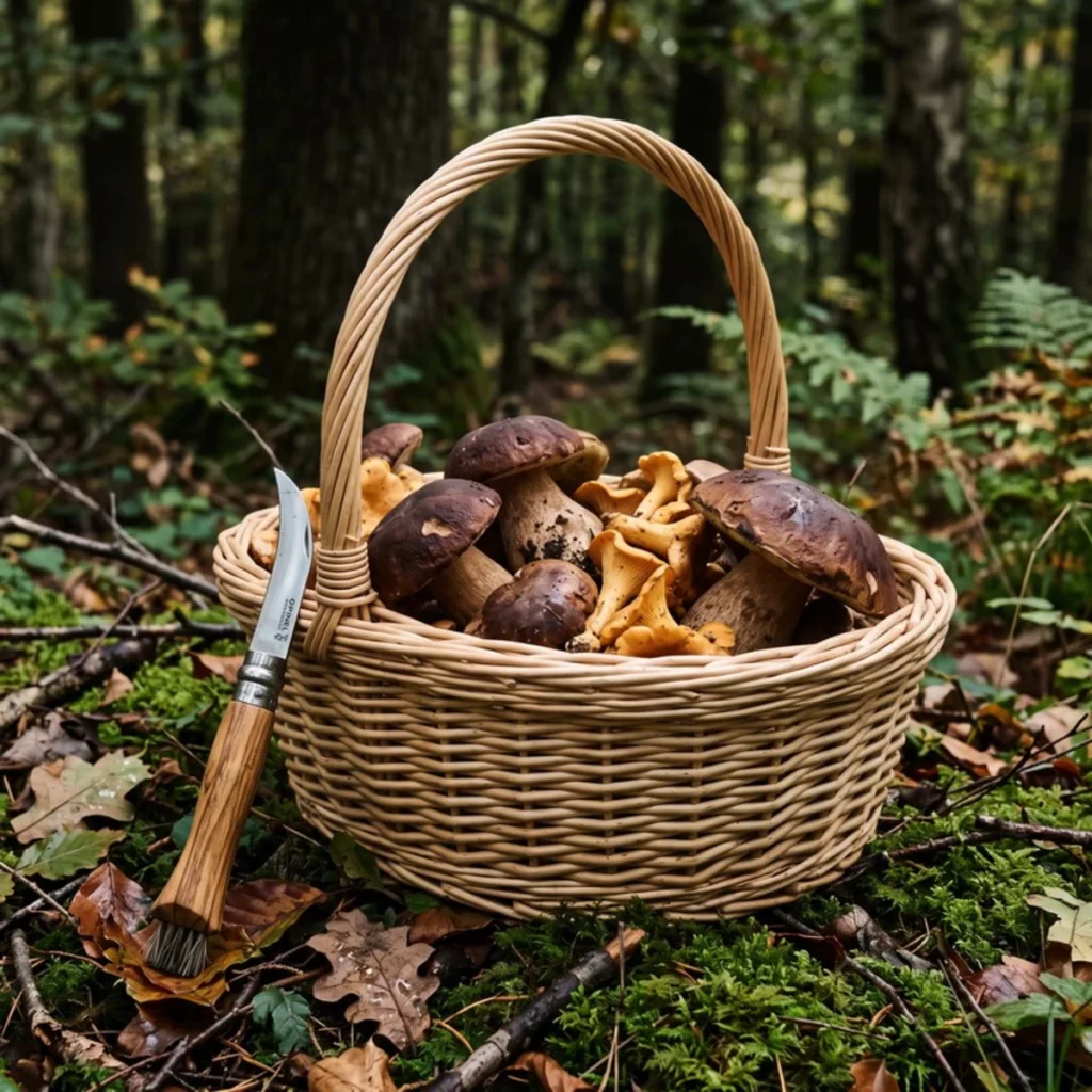Panier en osier rempli de champignons en sous-bois